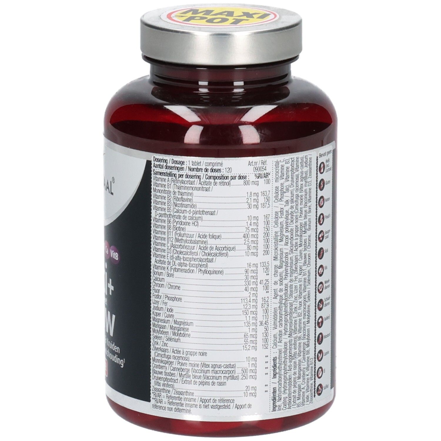 Achterkant van de fles met tekst. Bevat informatie over dosering, ingrediënten en waarschuwingen.