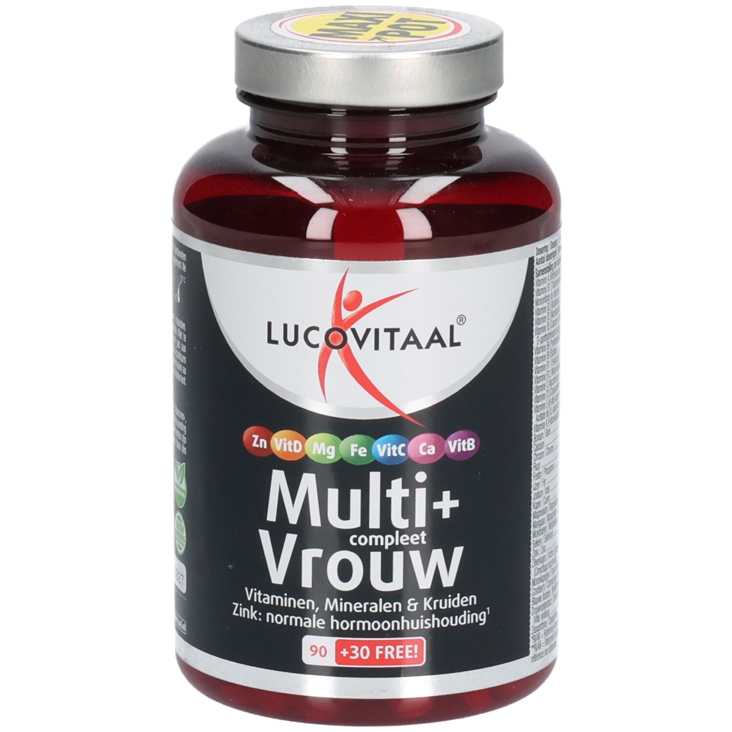 Bruine fles met capsules. Opschrift: Lucovitaal Multi+ Vrouw. Bevat vitaminen, mineralen en kruiden. 90+30 tabletten.