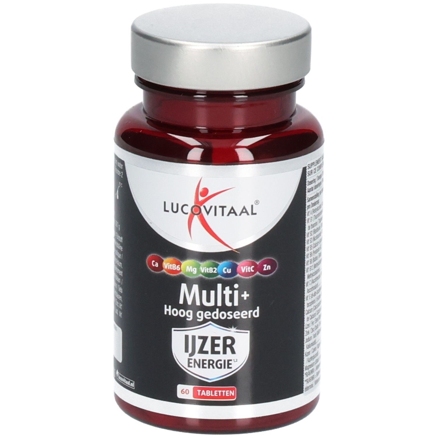 Rode fles met zilveren dop. Etiket met productnaam, logo en ingrediënten. 60 tabletten.