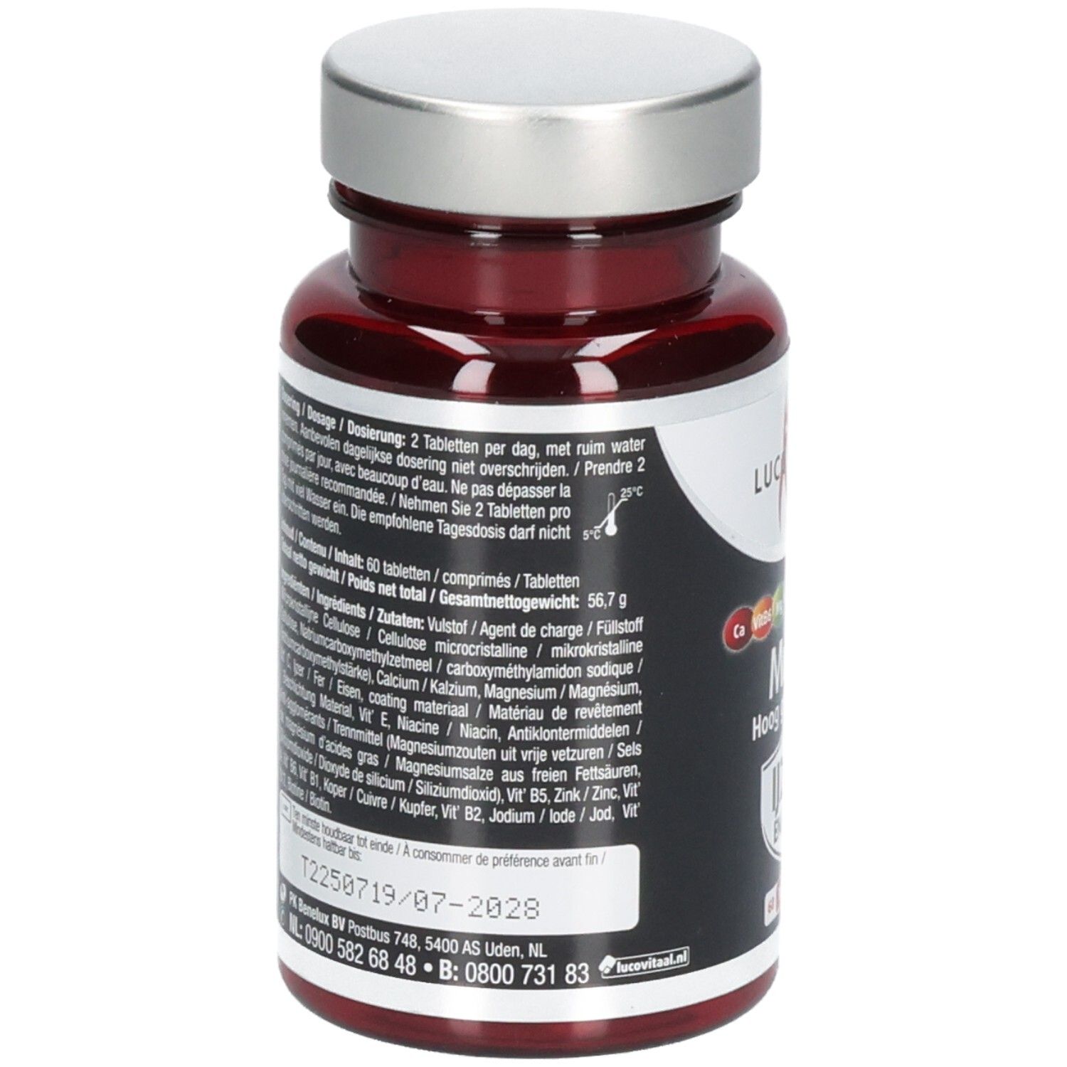Achterkant rode fles met zilveren dop. Tekst met ingrediënten en dosering. 60 tabletten.