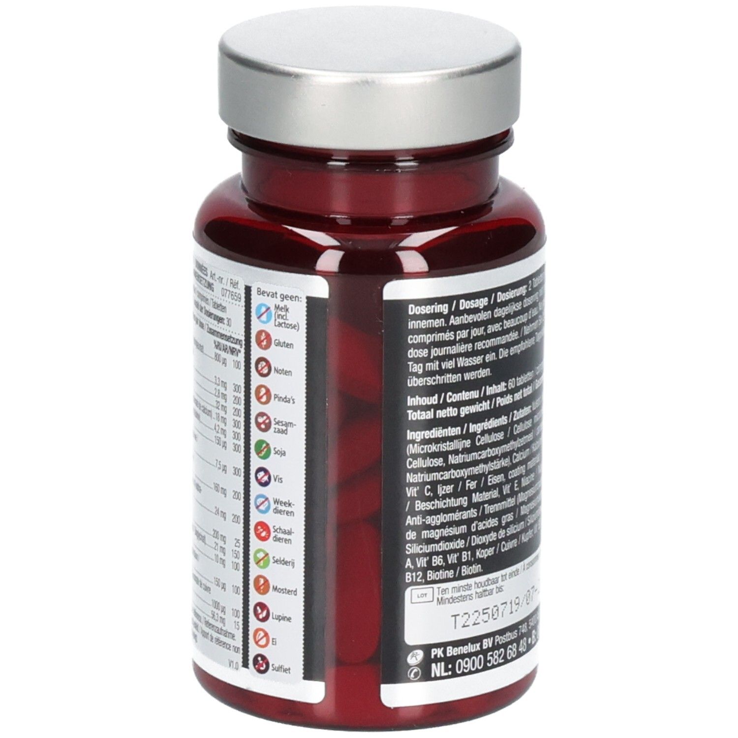Rode fles met zilveren dop. Detail van ingrediënten en dosering. 60 tabletten.