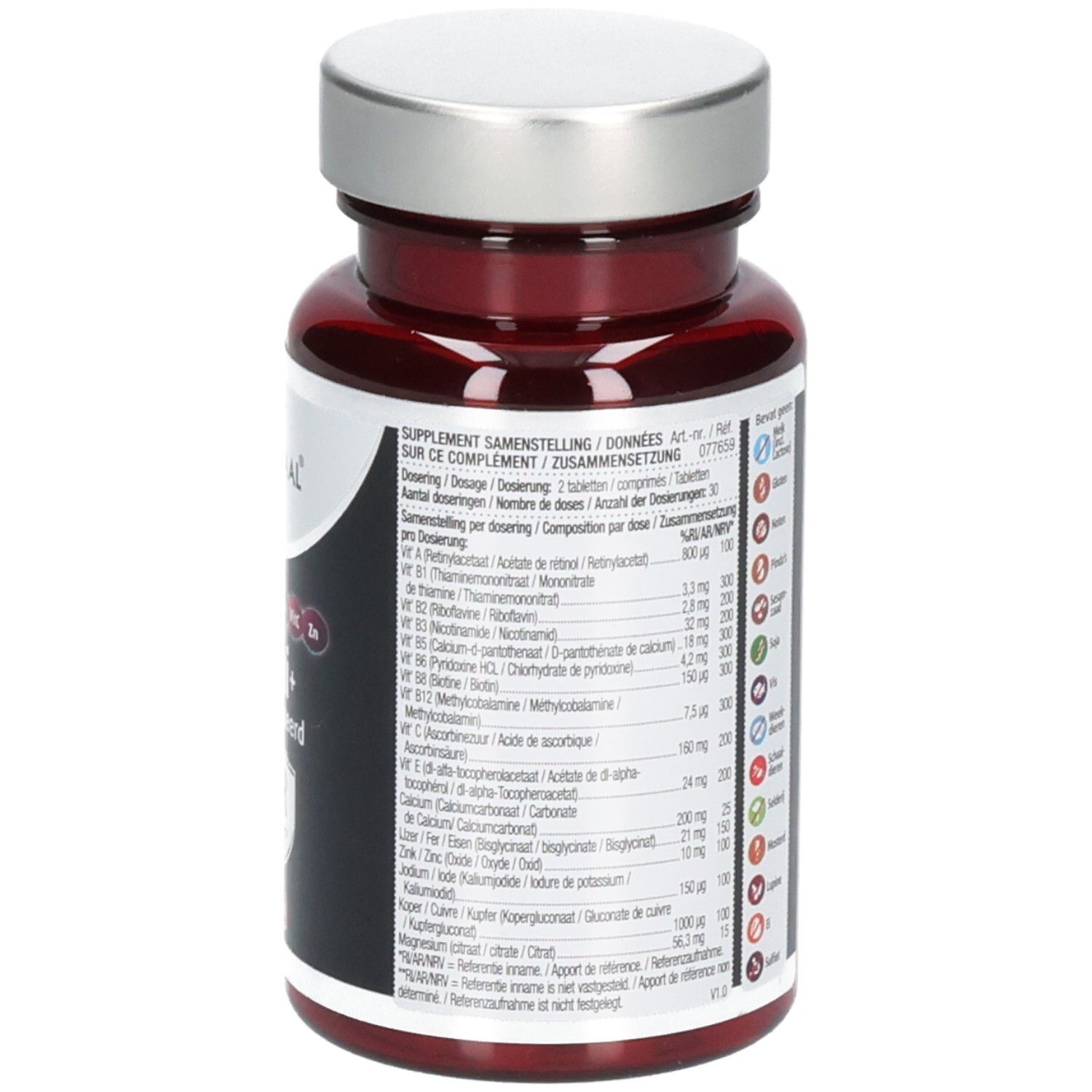 Rode fles met zilveren dop. Detail van ingrediënten en dosering. 60 tabletten.