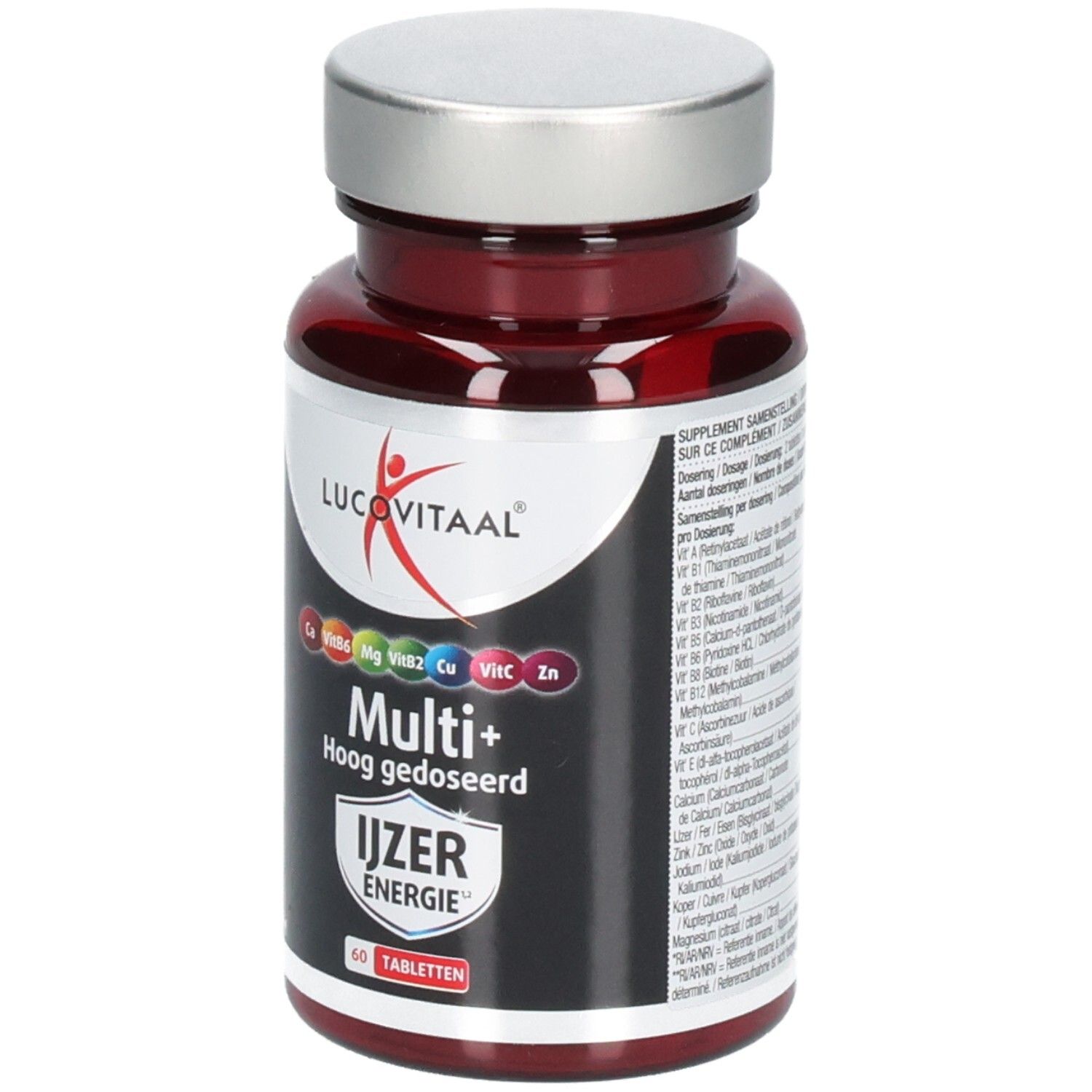 Rode fles met zilveren dop. Etiket met productnaam, logo en ingrediënten. 60 tabletten.