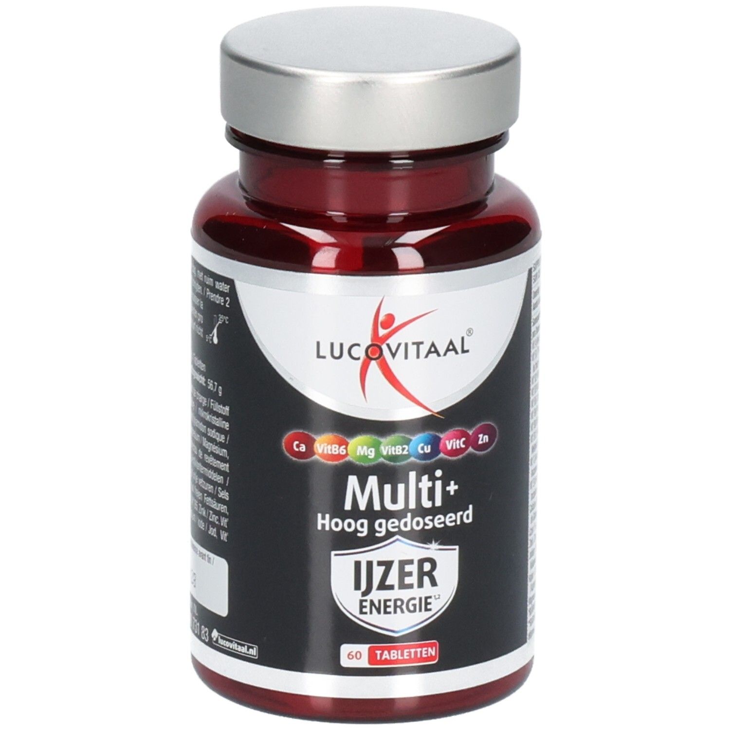 Rode fles met zilveren dop. Etiket met productnaam, logo en ingrediënten. 60 tabletten.