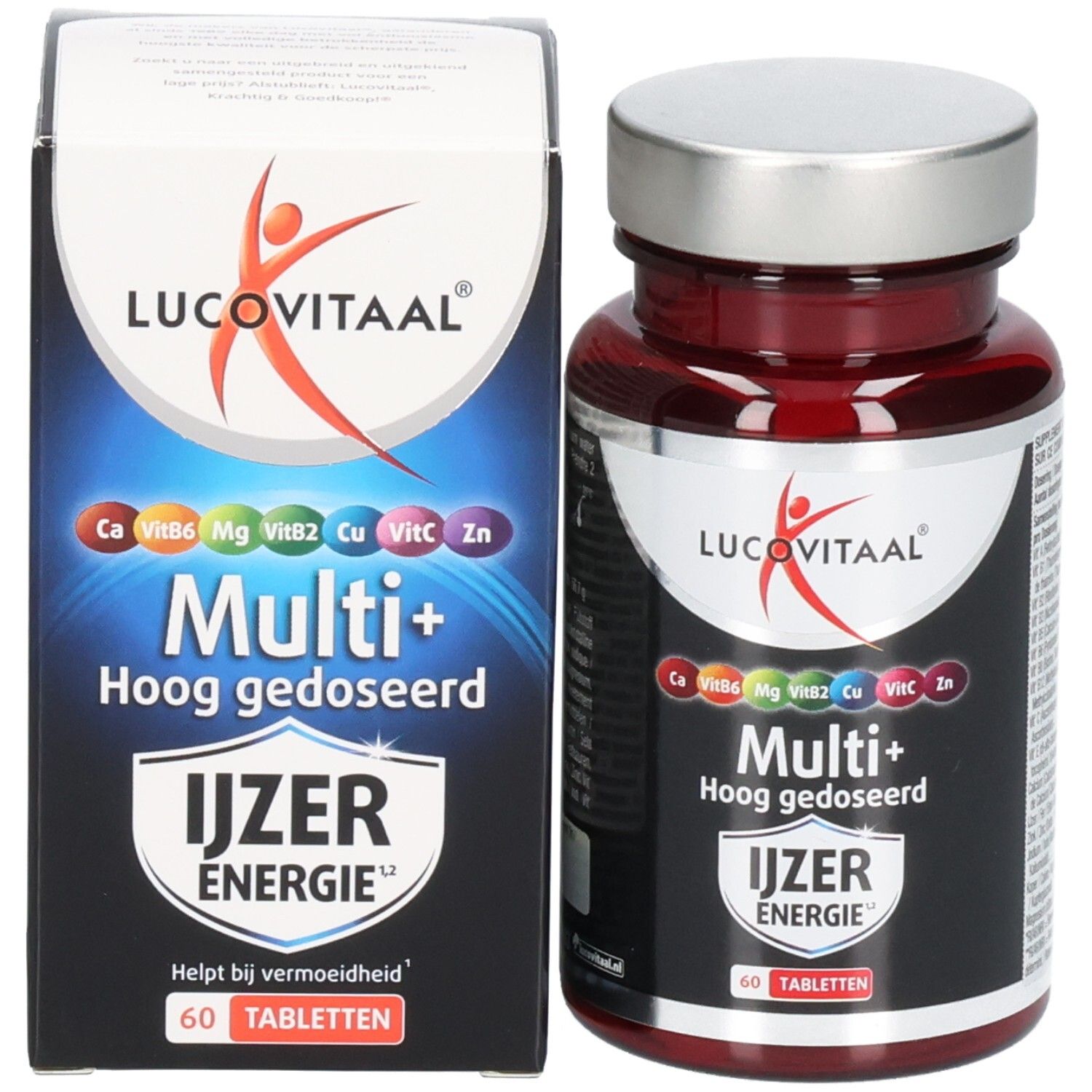 Productfles en doos. Rode fles met zilveren dop. Doos met productnaam en logo. 60 tabletten.
