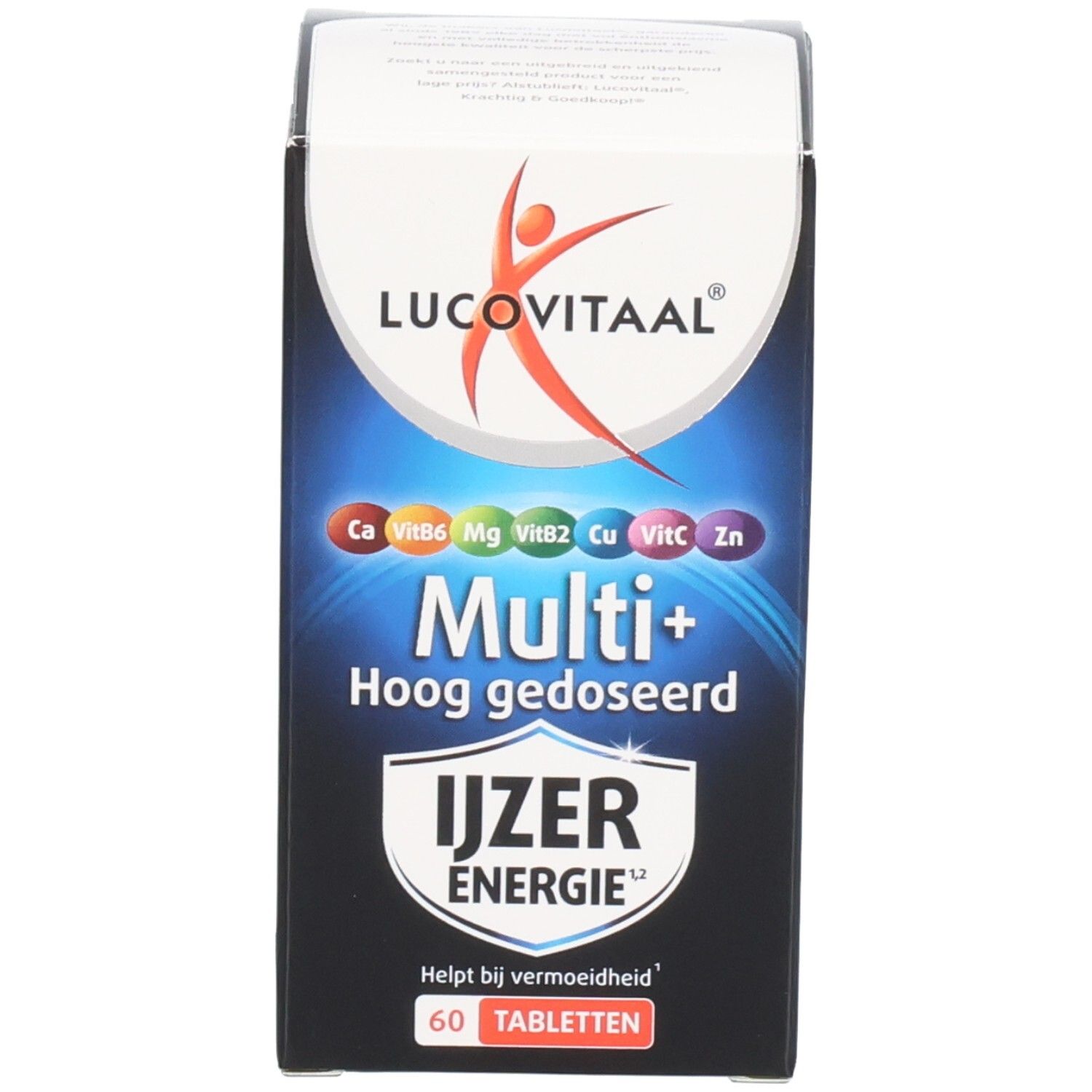 Productverpakking. Doos met productnaam, logo en ingrediënten. 60 tabletten.