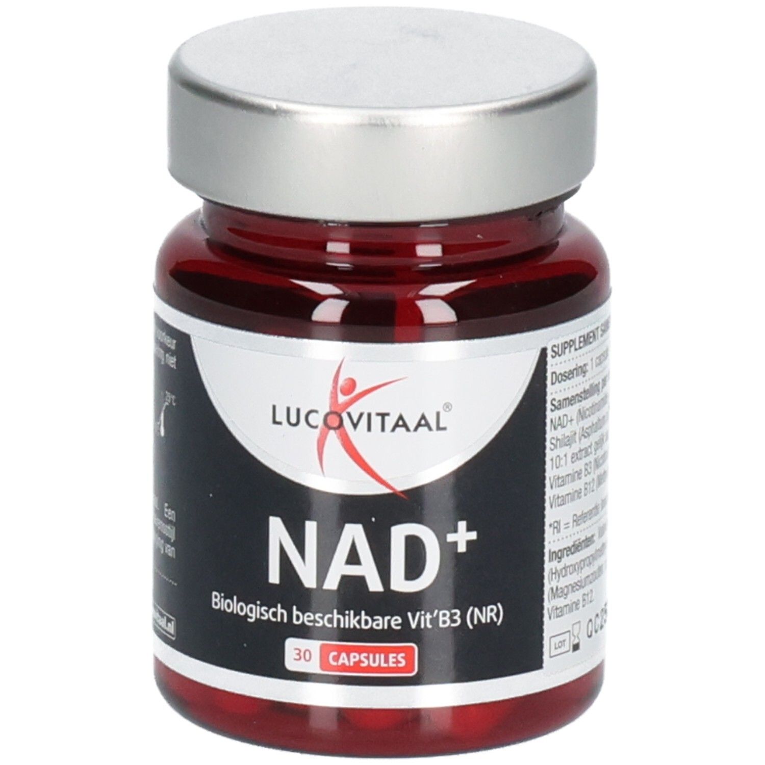 Rode glazen fles met zilveren dop. Opschrift: Lucovitaal, NAD+, 30 capsules. Bevat Vit. B3 (NR).