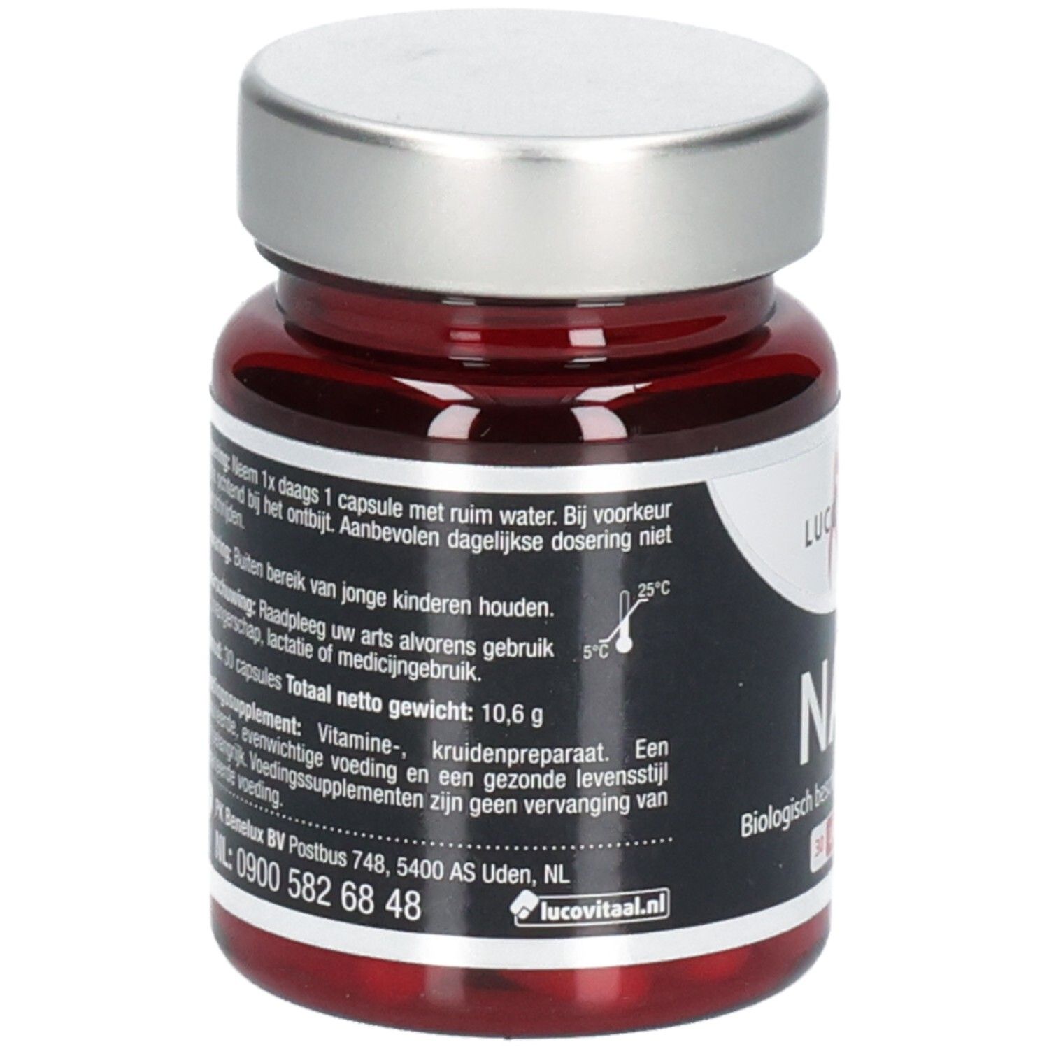 Rode glazen fles met zilveren dop. Opschrift: Lucovitaal. Tekst in het Nederlands. Bevat 30 capsules.