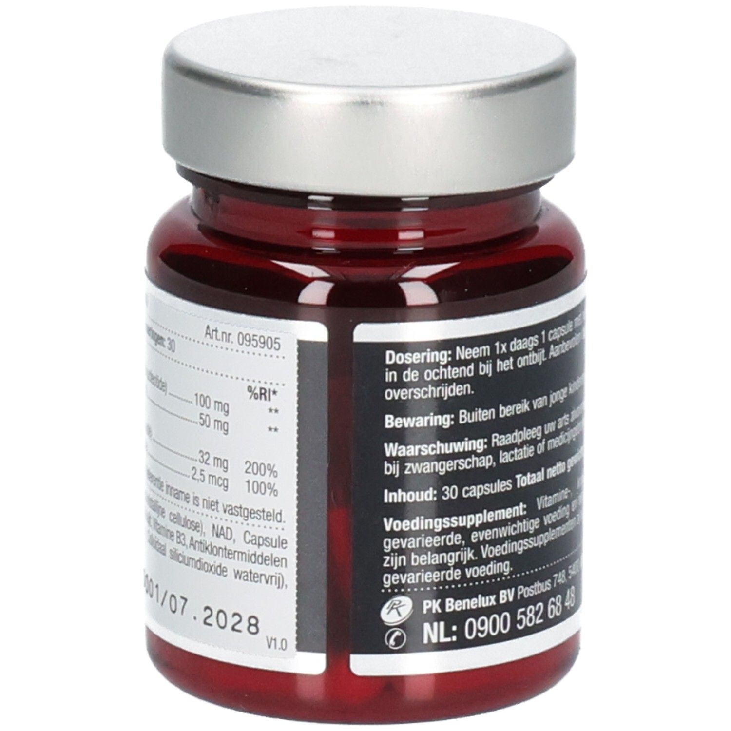 Rode glazen fles met zilveren dop. Achterkant met tekst en ingrediënten. Bevat 30 capsules.