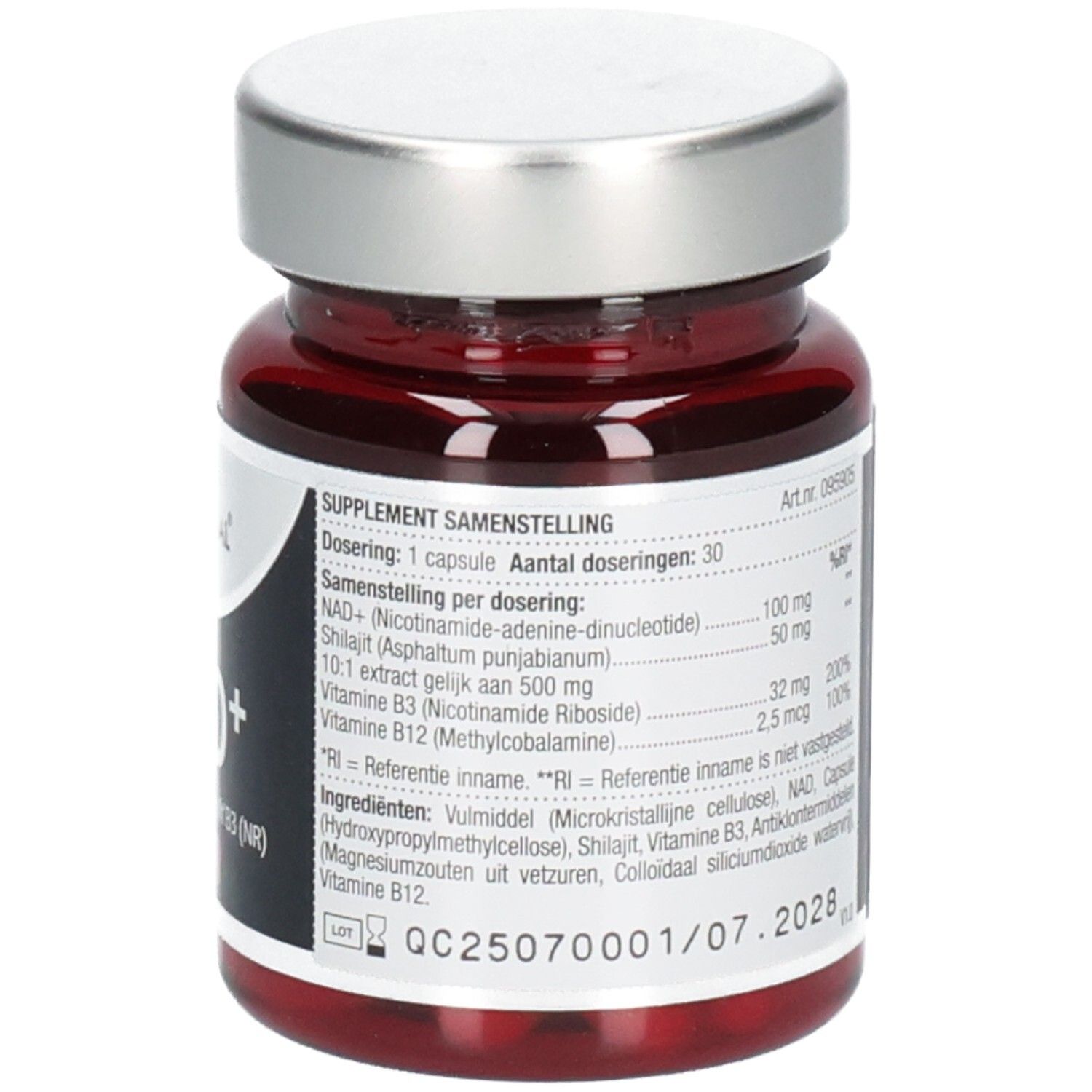 Rode glazen fles met zilveren dop. Opschrift: Lucovitaal, NAD+, 30 capsules. Ingrediënten in het Nederlands.