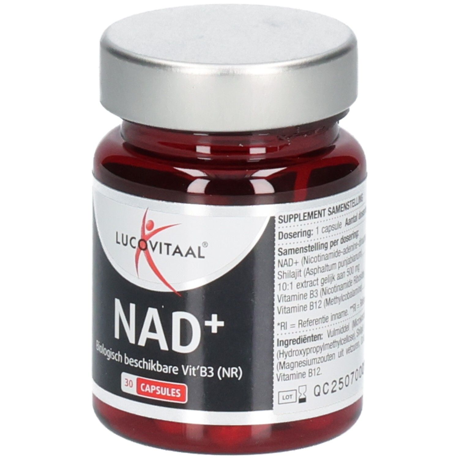 Rode glazen fles met zilveren dop. Opschrift: Lucovitaal, NAD+, 30 capsules. Bevat Vit. B3 (NR).