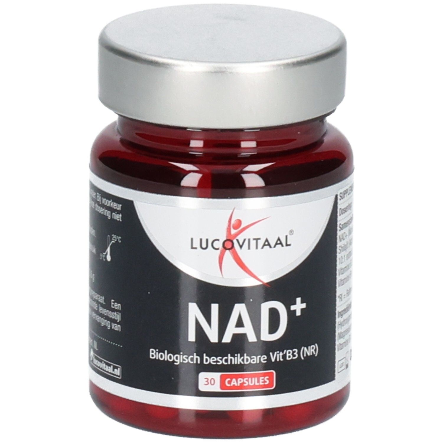 Rode glazen fles met zilveren dop. Opschrift: Lucovitaal, NAD+, 30 capsules. Bevat Vit. B3 (NR).