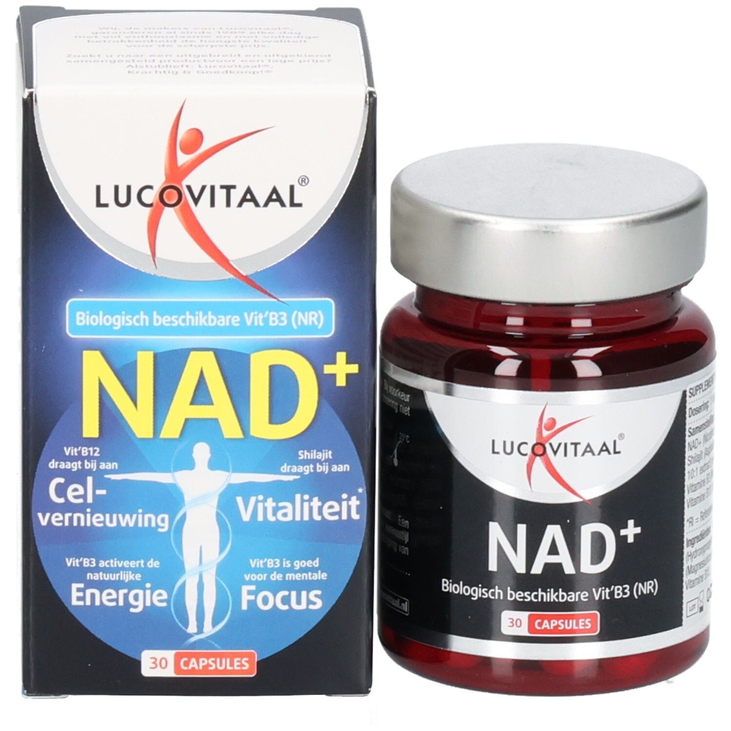 Productverpakking en fles. Opschrift: Lucovitaal, NAD+, 30 capsules. Bevat Vit. B3 (NR).
