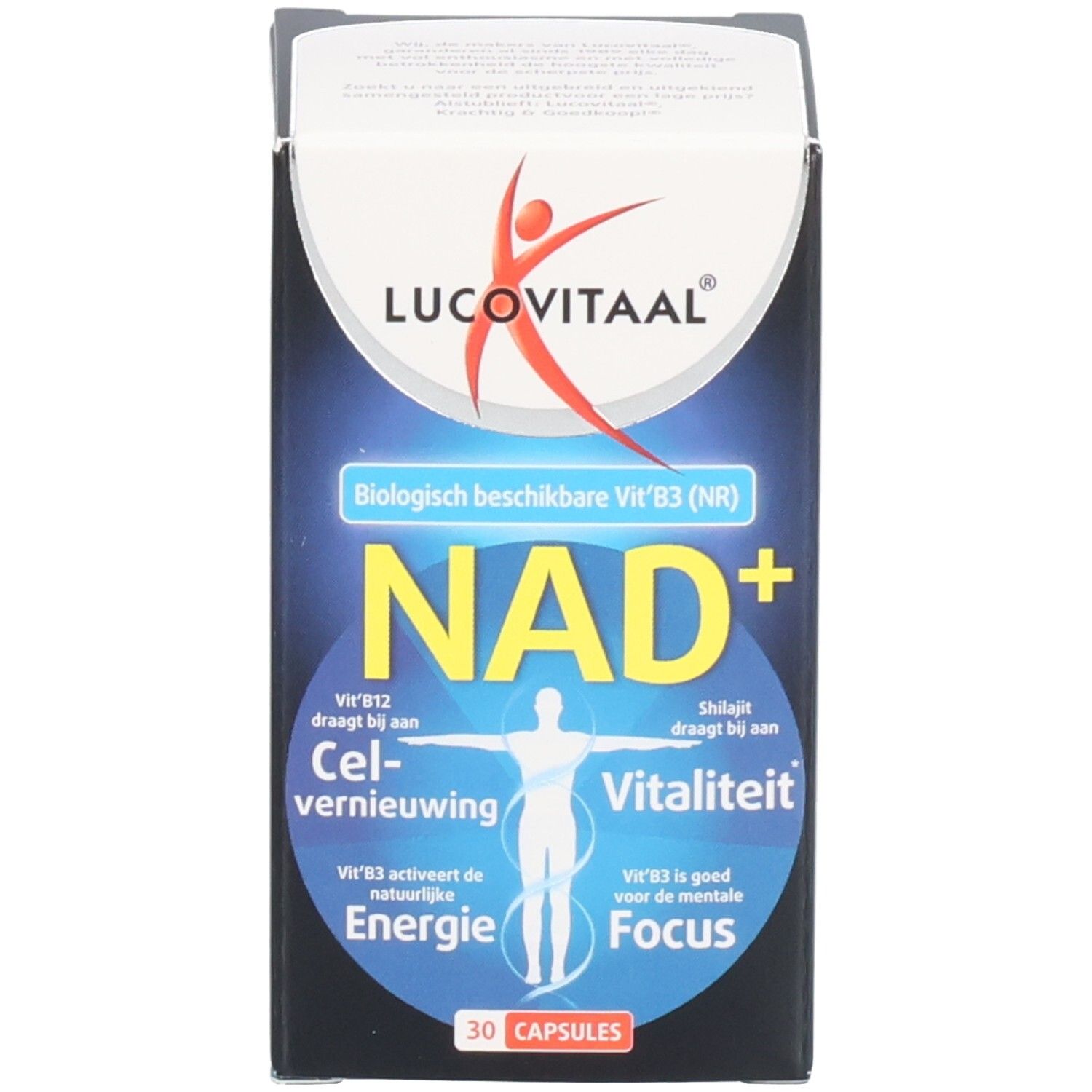 Productverpakking. Opschrift: Lucovitaal, NAD+, 30 capsules. Bevat Vit. B3 (NR).