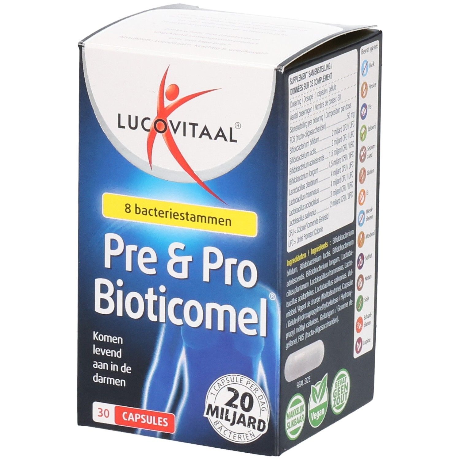 Doos Lucovitaal Pre & Pro Bioticomel. Bevat 30 capsules. Opschrift: 20 miljard bacteriën.