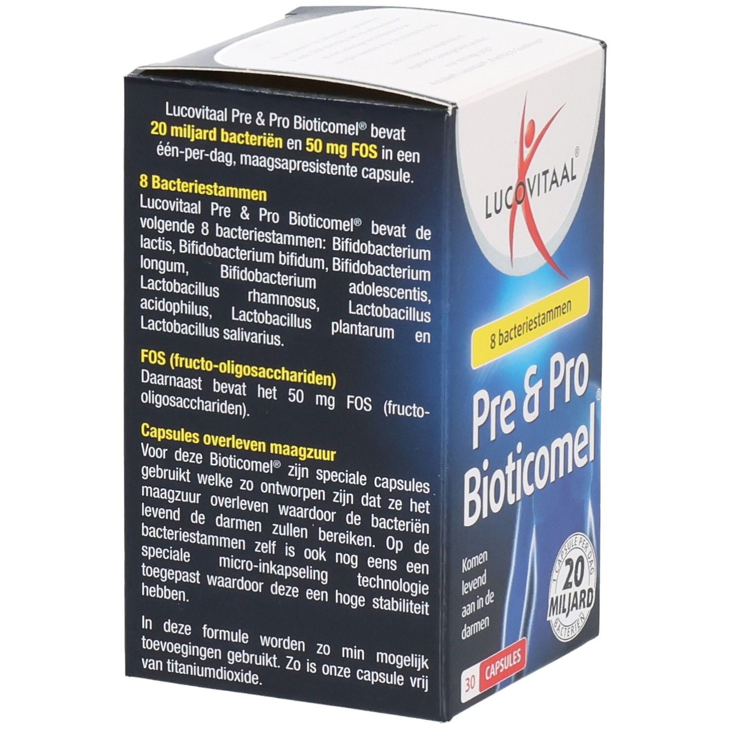 Doos Lucovitaal Pre & Pro Bioticomel. Tekst over 8 bacteriestammen en 20 miljard bacteriën.