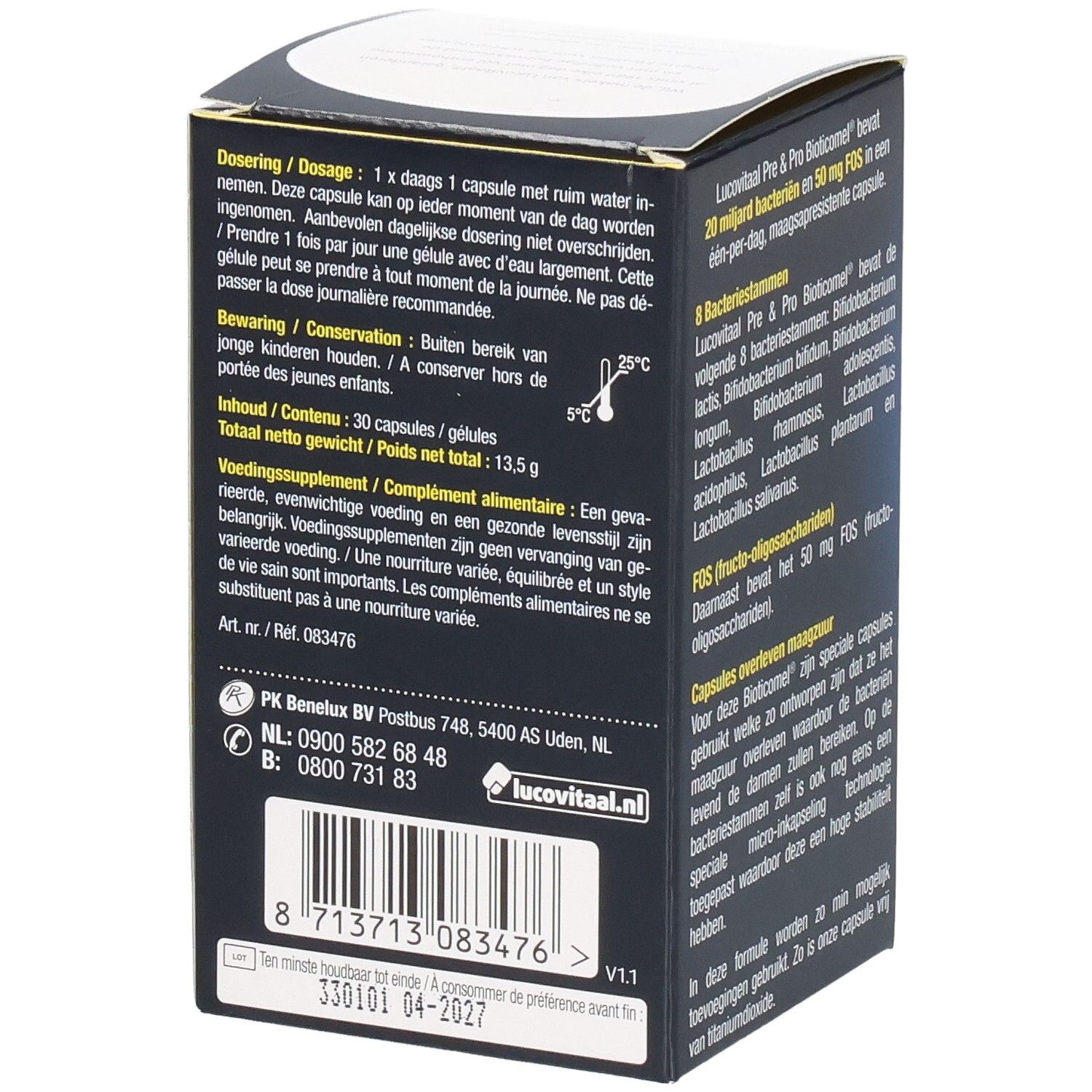 Achterkant verpakking Lucovitaal Pre & Pro Bioticomel. Bevat informatie over dosering en ingrediënten.