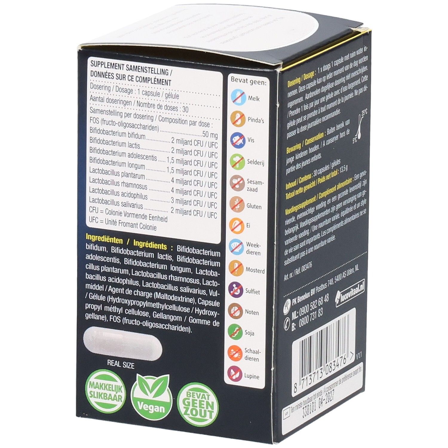 Zijkant verpakking Lucovitaal Pre & Pro Bioticomel. Bevat informatie over ingrediënten en allergenen.