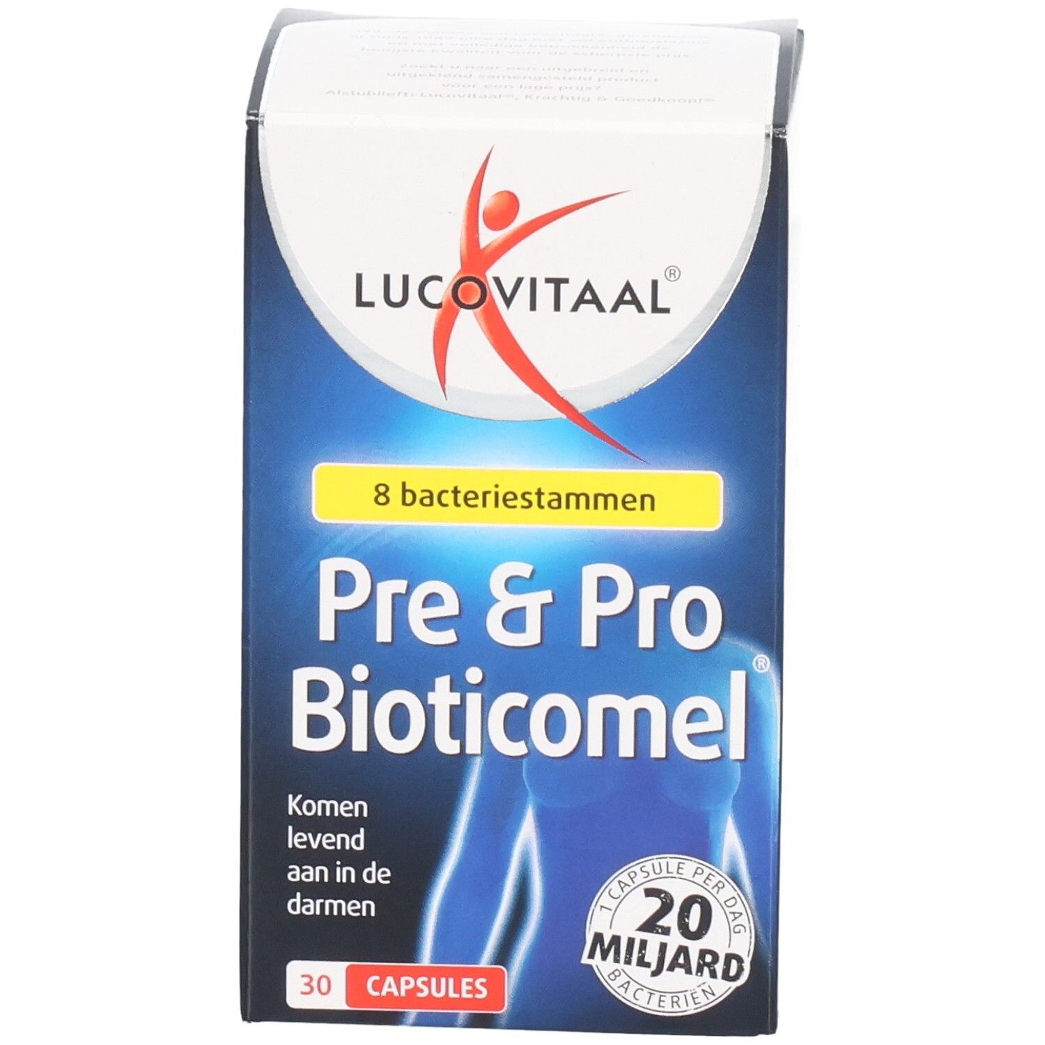 Doos Lucovitaal Pre & Pro Bioticomel. Bevat 30 capsules. Opschrift: 20 miljard bacteriën.