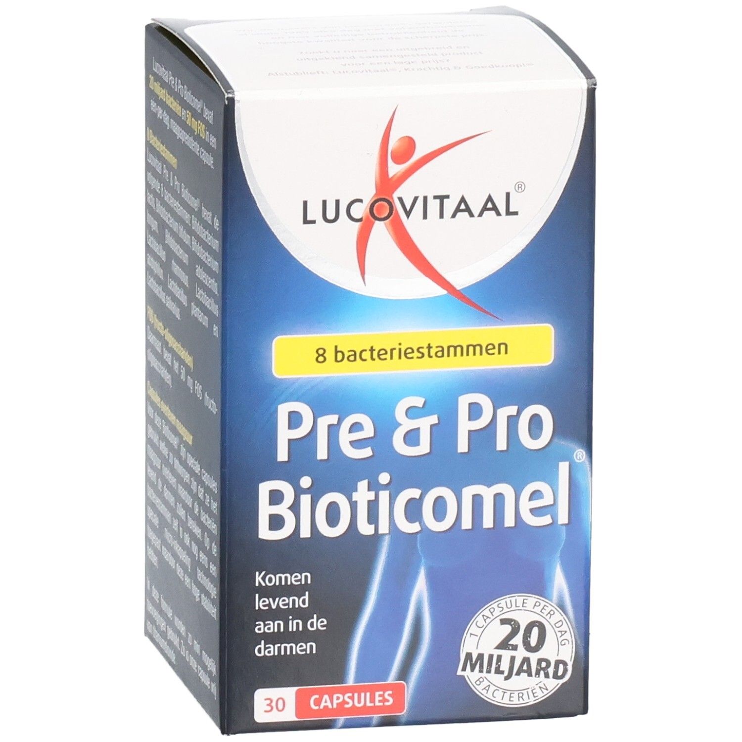 Doos Lucovitaal Pre & Pro Bioticomel. Bevat 30 capsules. Opschrift: 20 miljard bacteriën.