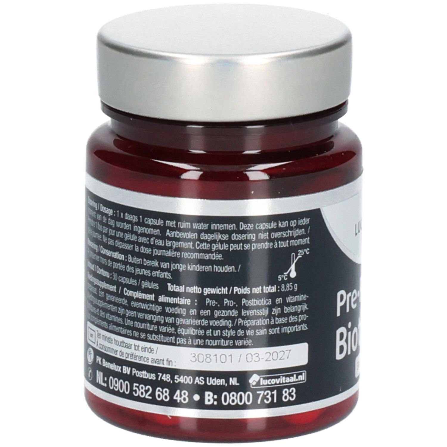 Dos de flacon en verre brun avec bouchon argenté. Texte: Lucovitaal, Pre-Pro-Post Bioticomel. Informations sur les ingrédients et le dosage.