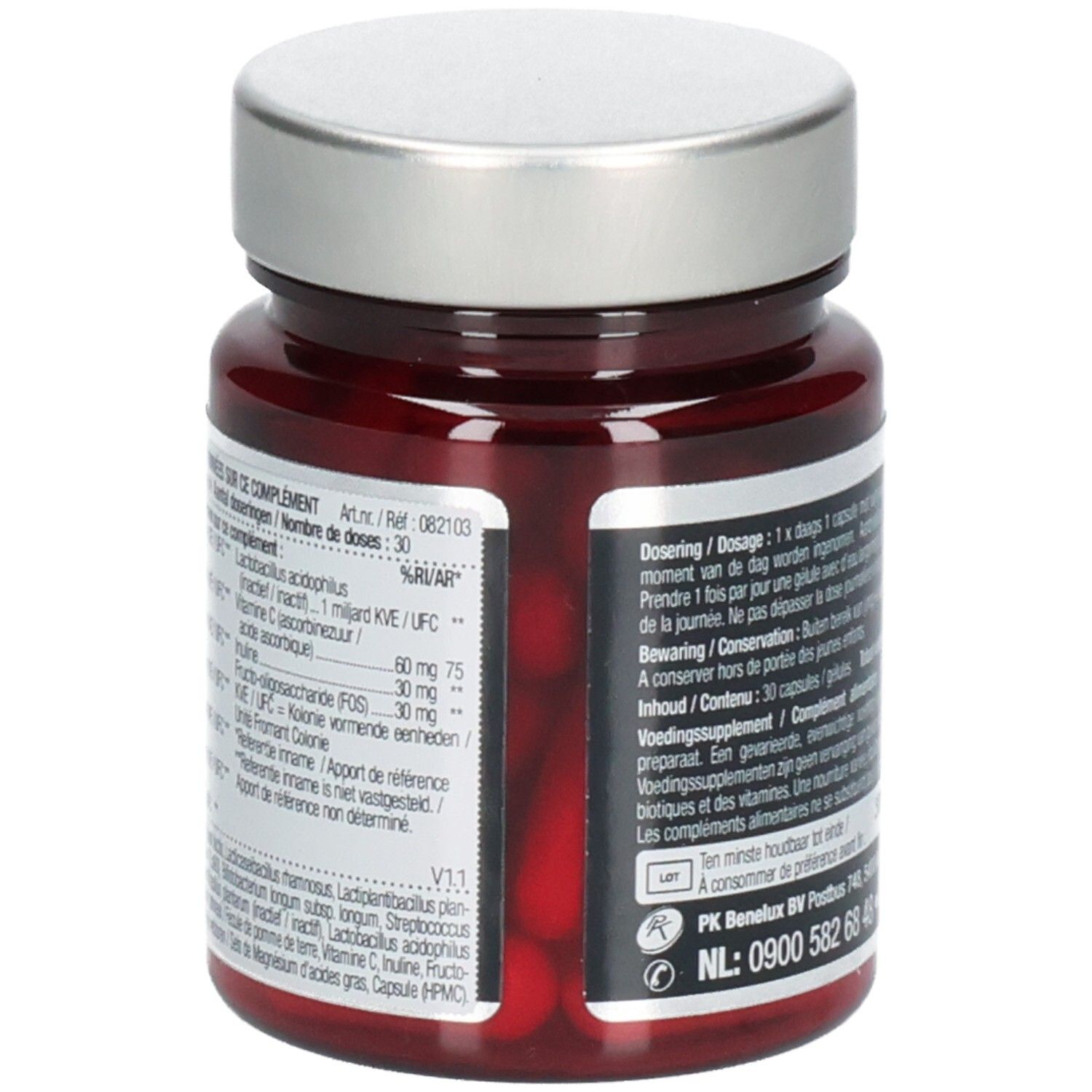 Dos de flacon en verre brun avec bouchon argenté. Texte: Lucovitaal, Pre-Pro-Post Bioticomel. Informations sur les ingrédients et le dosage.