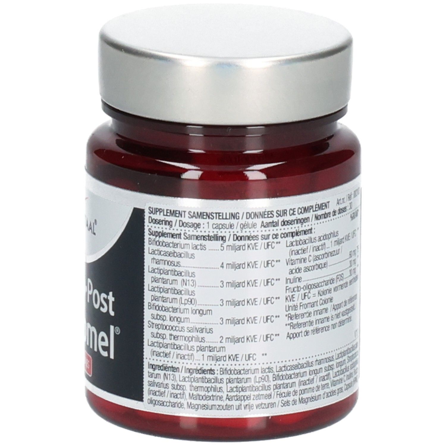 Dos de flacon en verre brun avec bouchon argenté. Texte: Lucovitaal, Pre-Pro-Post Bioticomel. Informations sur les ingrédients et le dosage.