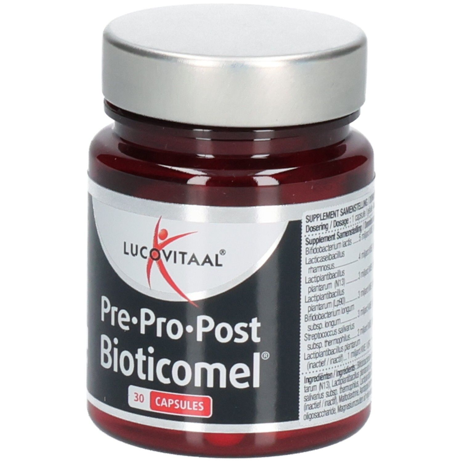 Gélules brunes dans un flacon en verre brun avec bouchon argenté. Inscription: Lucovitaal, Pre-Pro-Post Bioticomel, 30 gélules.
