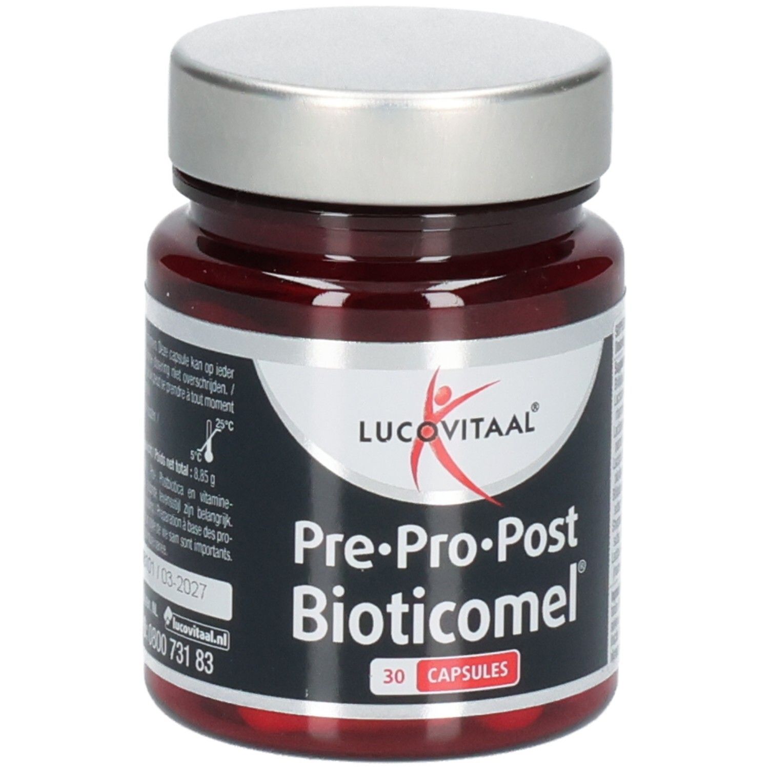 Gélules brunes dans un flacon en verre brun avec bouchon argenté. Inscription: Lucovitaal, Pre-Pro-Post Bioticomel, 30 gélules.