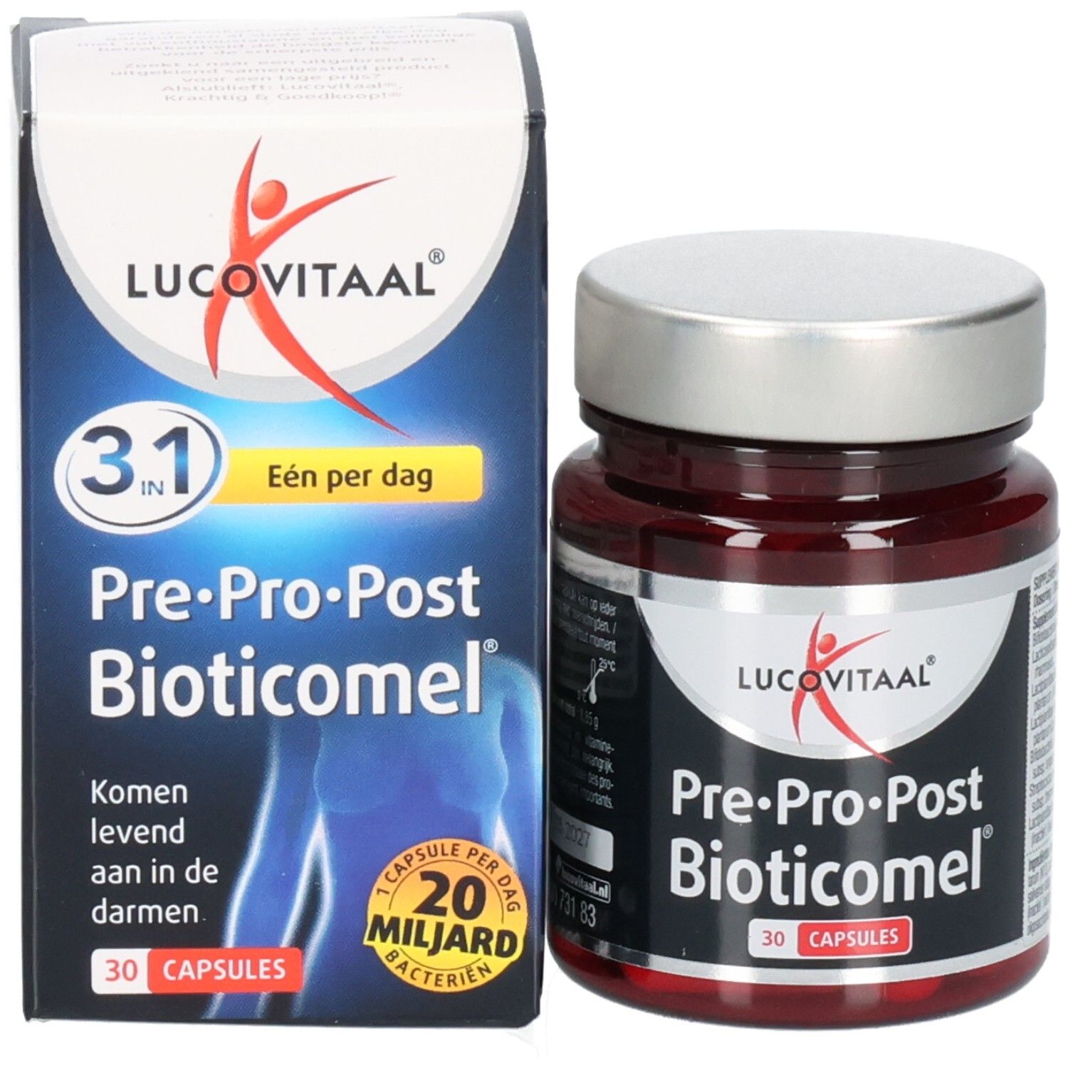 Emballage et flacon. Emballage: bleu-blanc, texte: Lucovitaal, Pre-Pro-Post Bioticomel, 30 gélules. Flacon: brun, bouchon argenté.