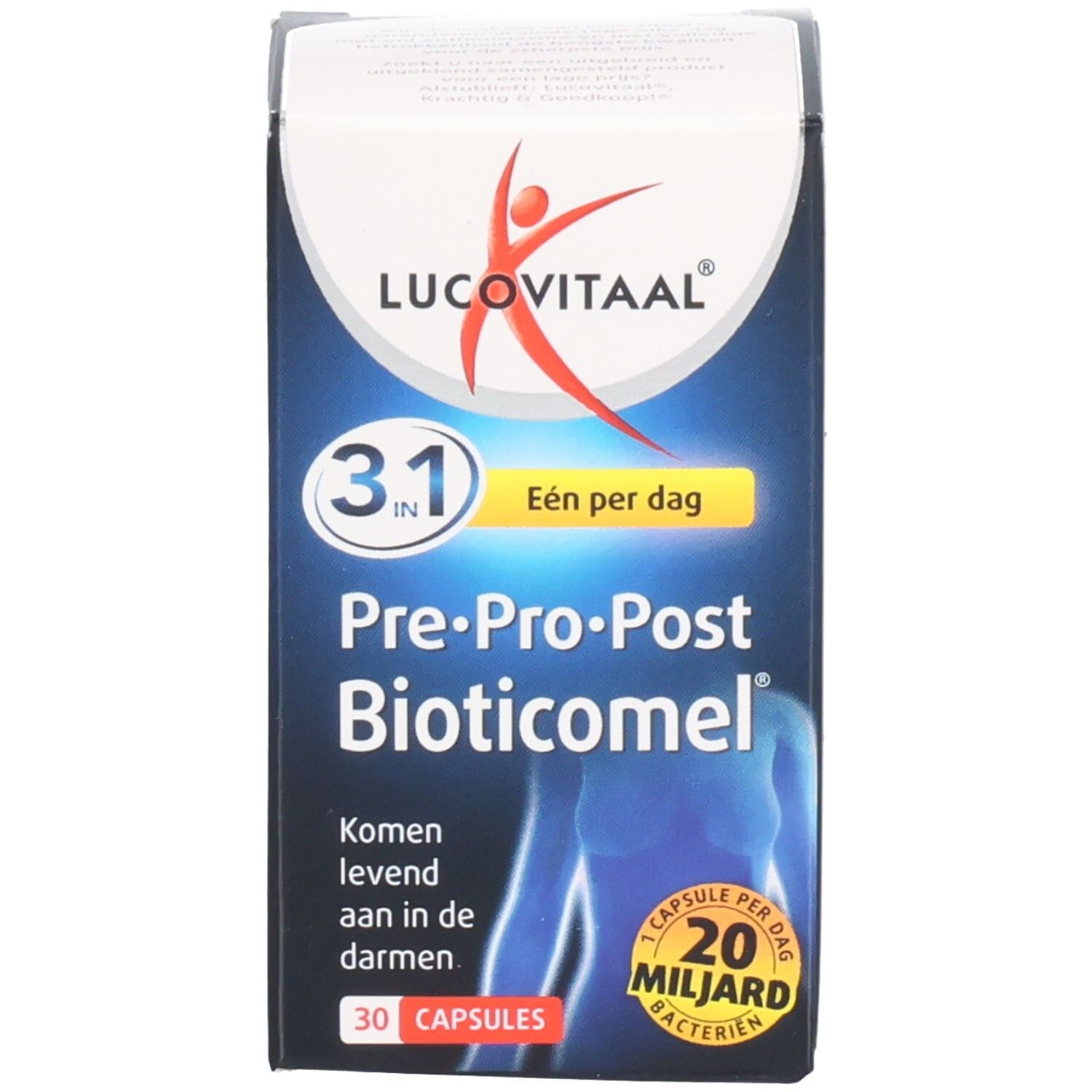 Emballage bleu. Texte: Lucovitaal, Pre-Pro-Post Bioticomel, 30 gélules. Illustration d'une personne. Inscription: 20 milliards de bactéries.