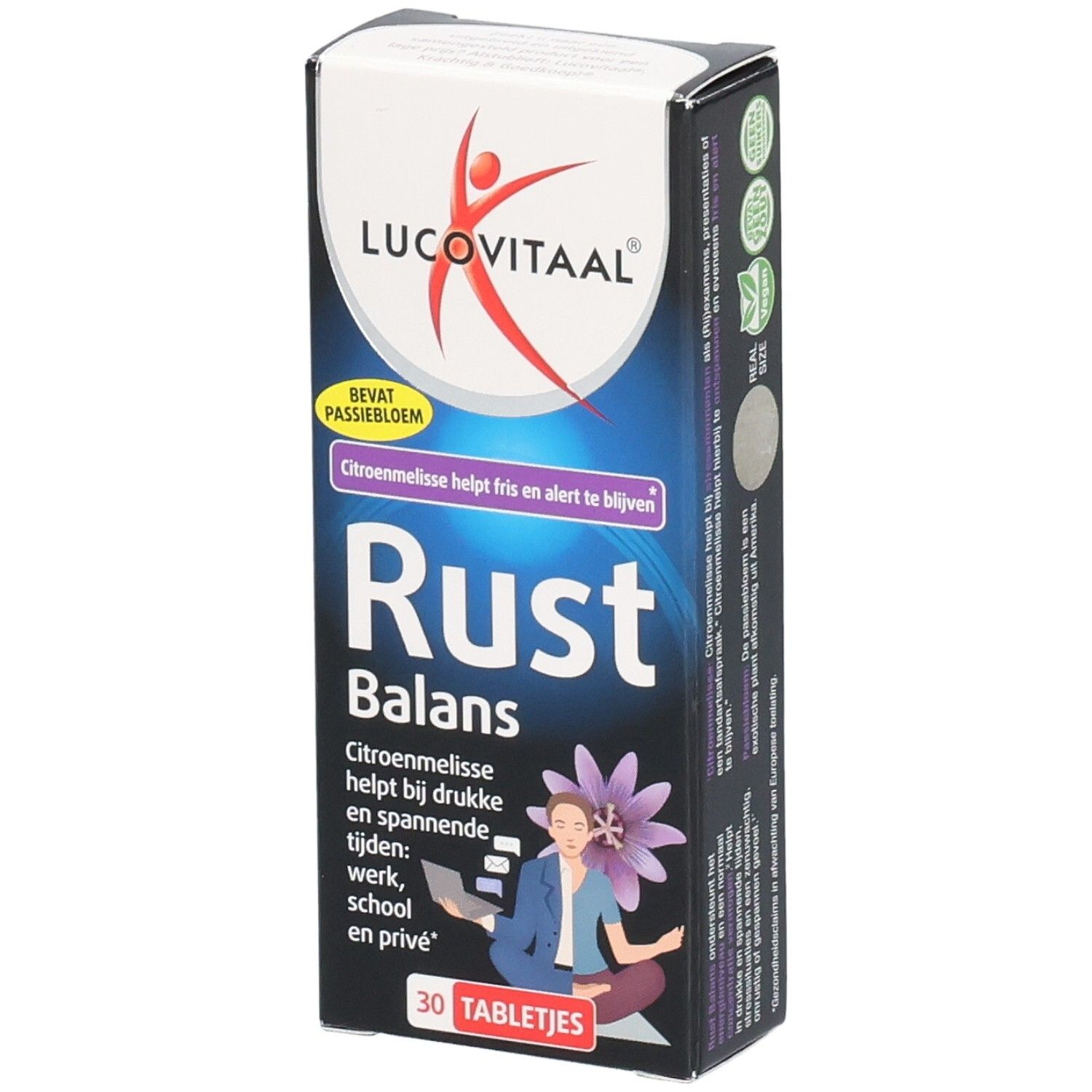 Boîte de "Rust Balans" de Lucovitaal. Contient 30 comprimés. Contient de la passiflore et de la mélisse.