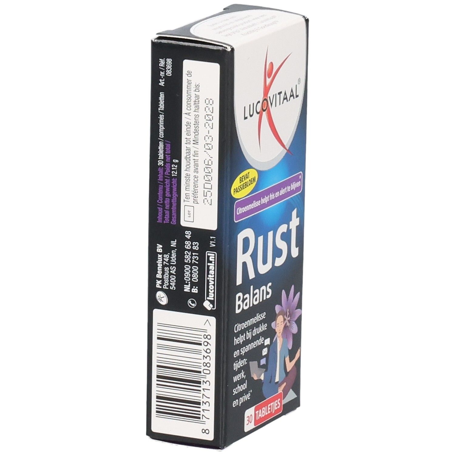 Dos de l'emballage "Rust Balans" de Lucovitaal. Contient des informations sur les ingrédients et la durabilité.
