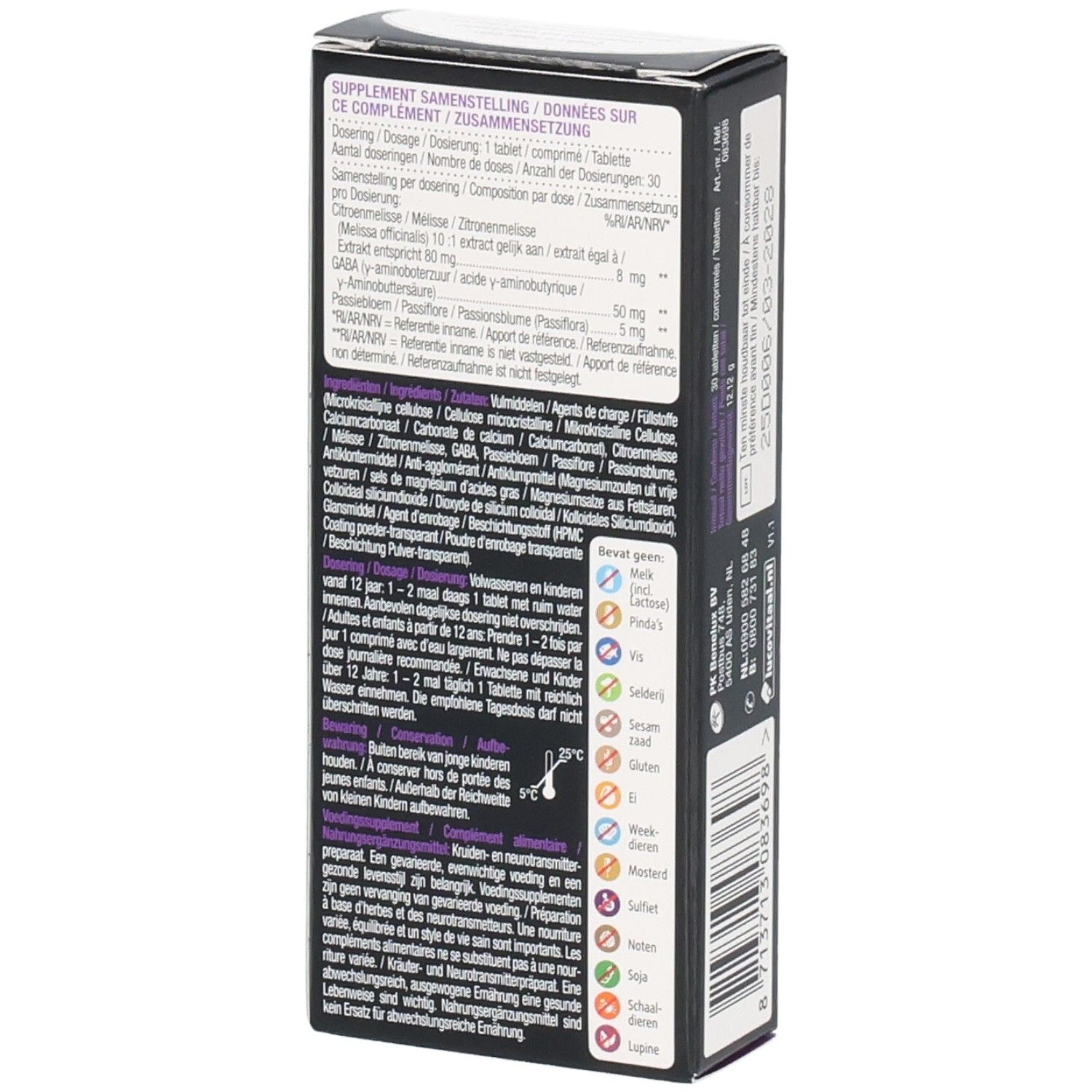 Dos de l'emballage "Rust Balans" de Lucovitaal. Contient des informations sur les ingrédients et le dosage.