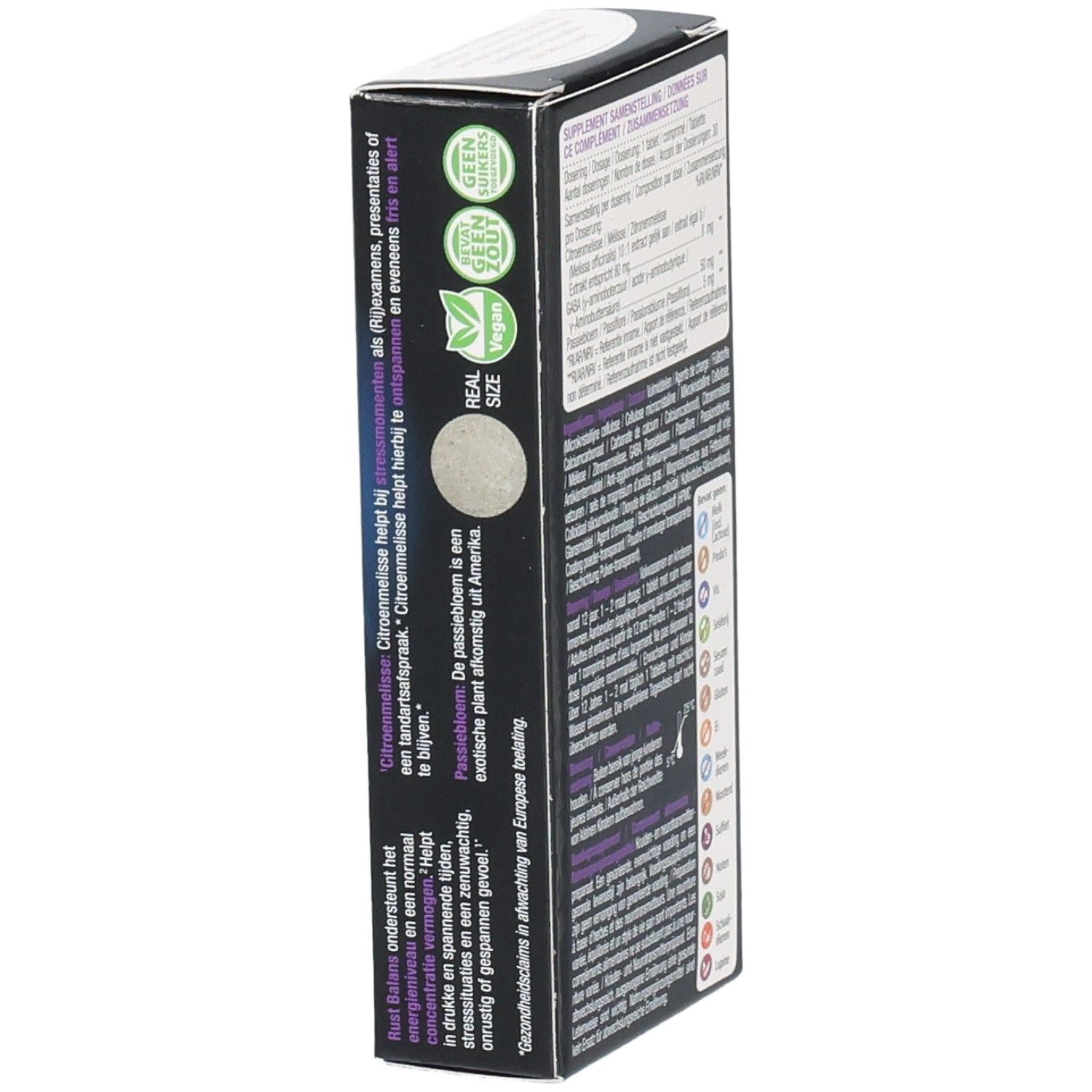 Dos de l'emballage "Rust Balans" de Lucovitaal. Contient des informations sur les ingrédients et les certifications.