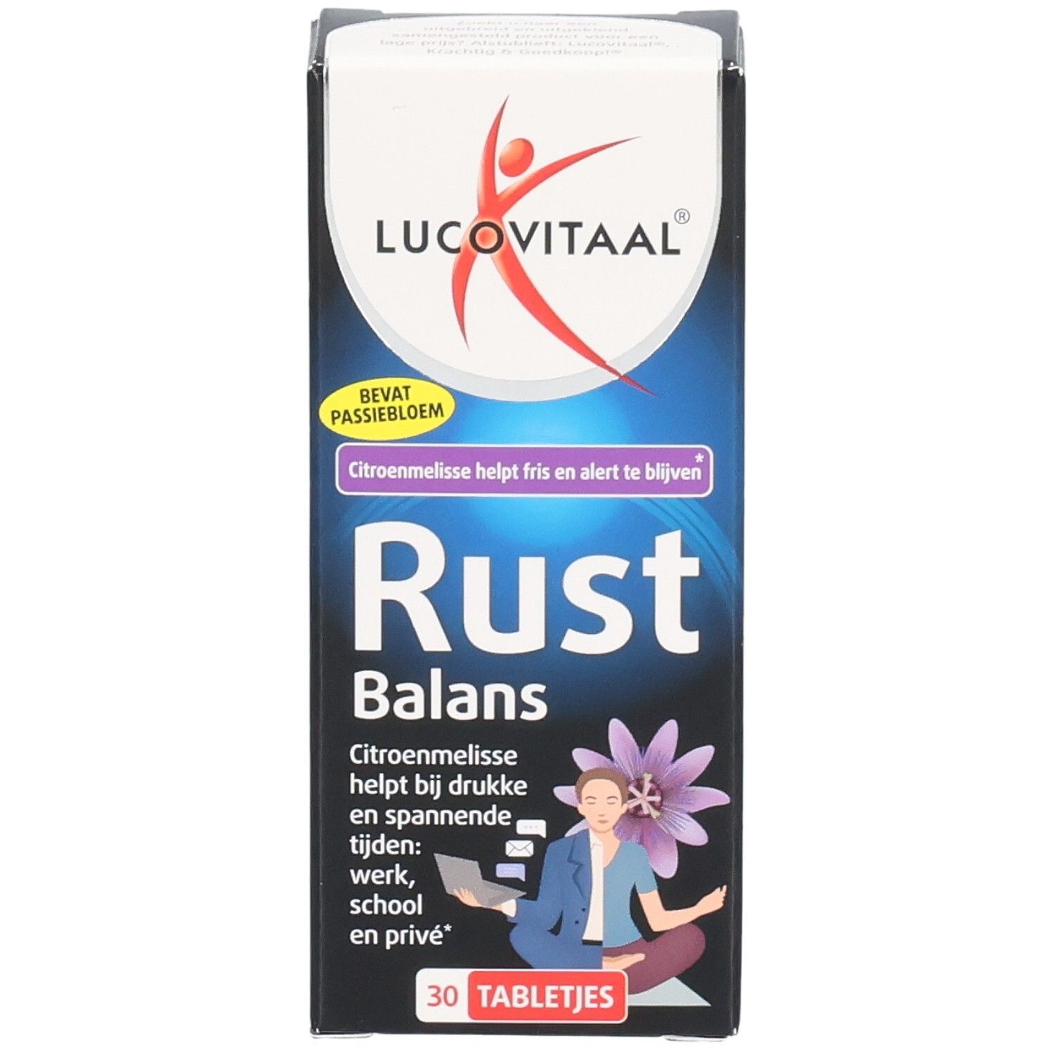 Face avant de l'emballage "Rust Balans" de Lucovitaal. Contient 30 comprimés. Contient passiflore et mélisse.