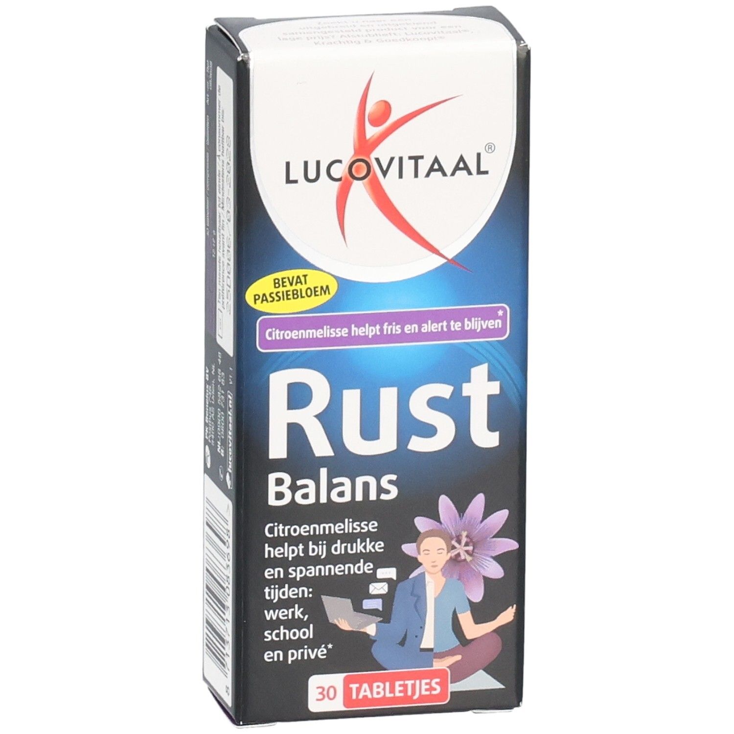 Face avant de l'emballage "Rust Balans" de Lucovitaal. Contient 30 comprimés. Contient passiflore et mélisse.