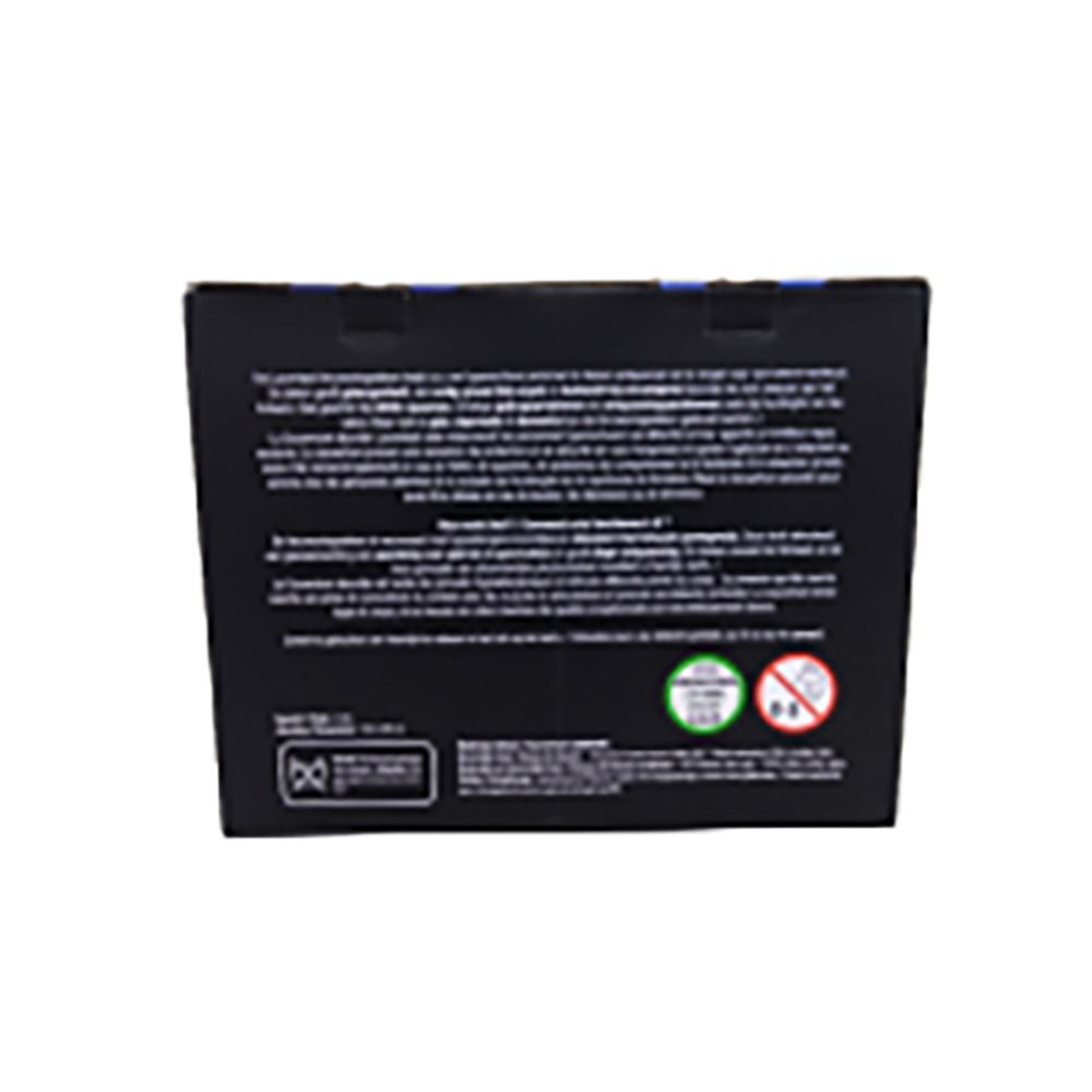 Zwarte verpakking. Tekst in het Nederlands. Logo's en symbolen. Achterkant van de verpakking.