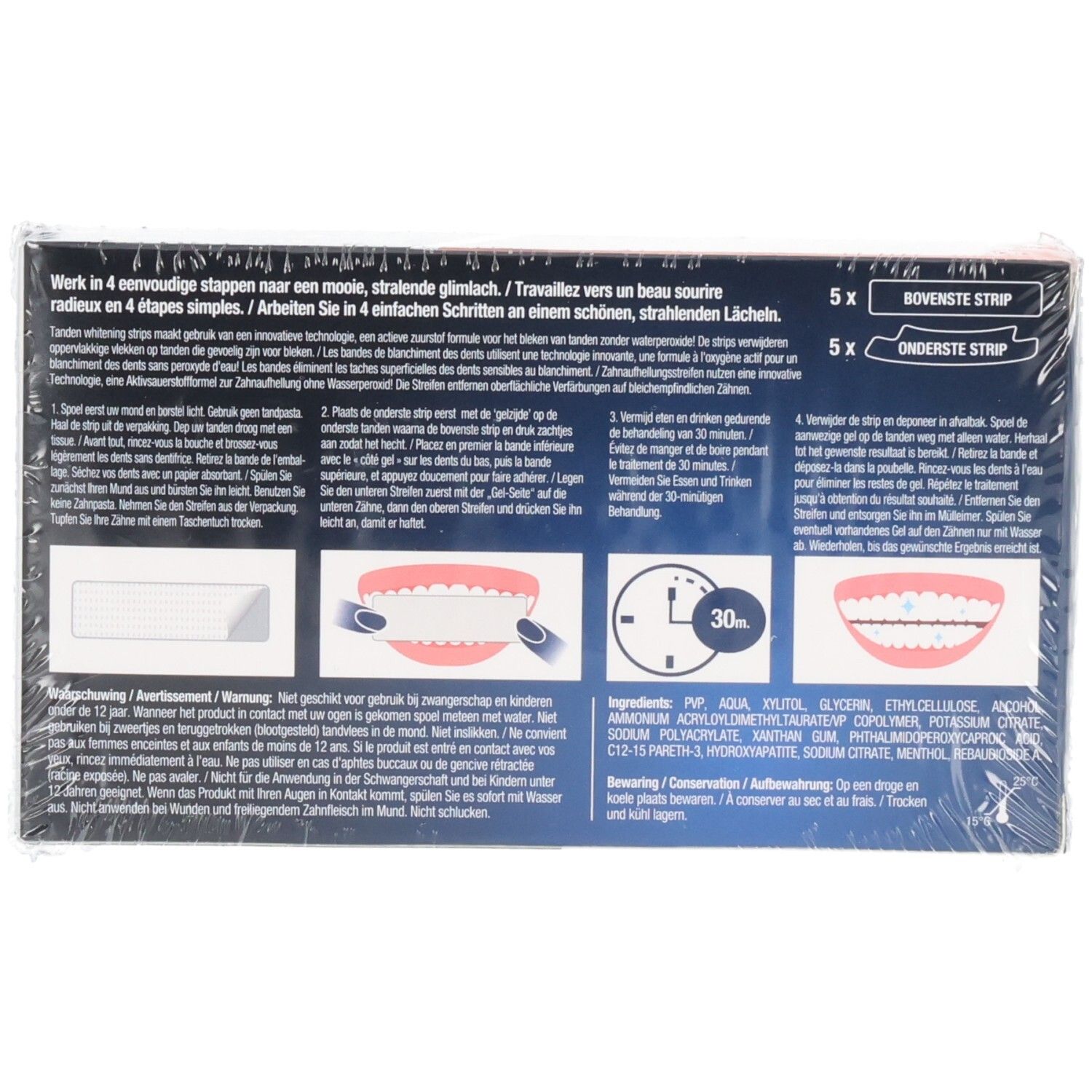 Dos de l'emballage avec instructions. Illustrations montrant l'application des bandes. Contient 5 bandes supérieures et 5 inférieures.