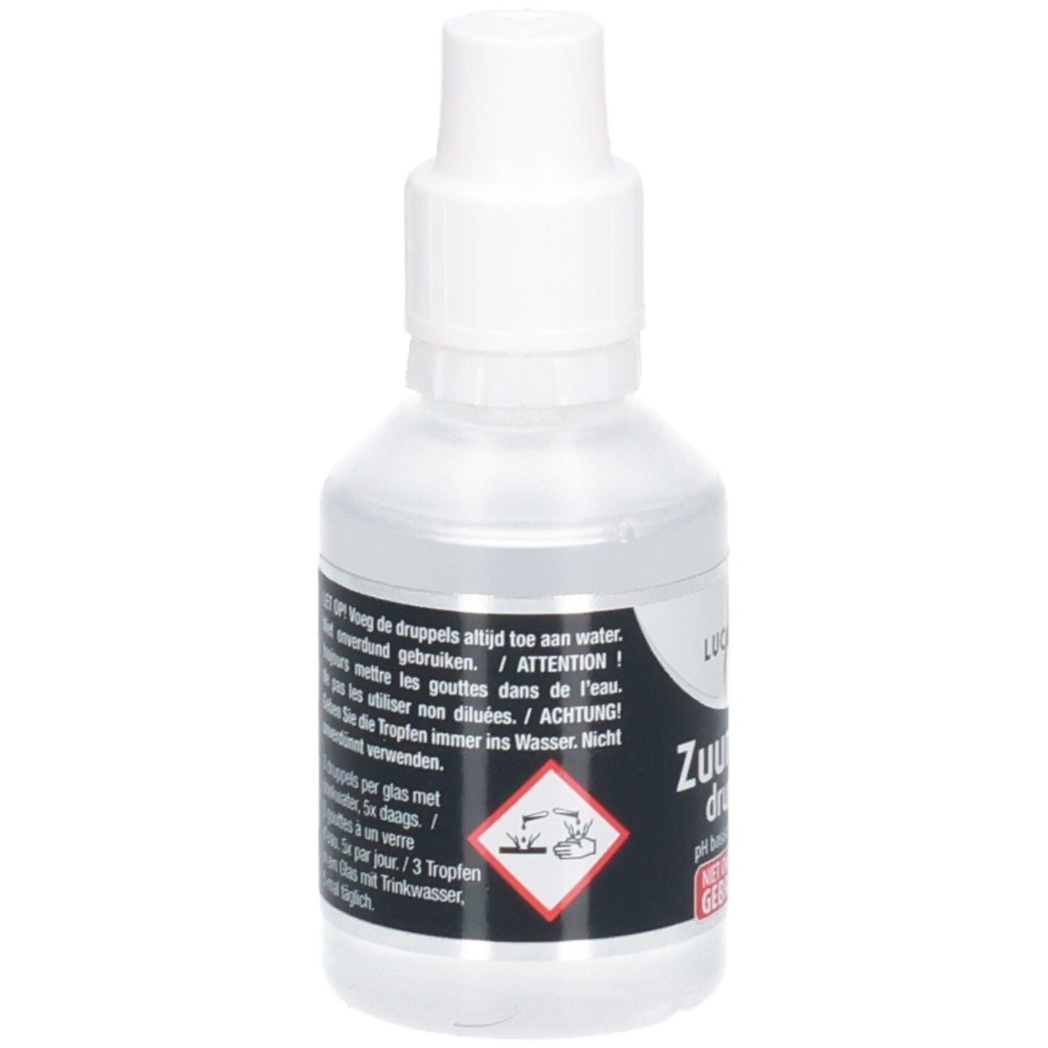Flacon transparent avec bouchon blanc. Étiquette avec informations produit et avertissements.