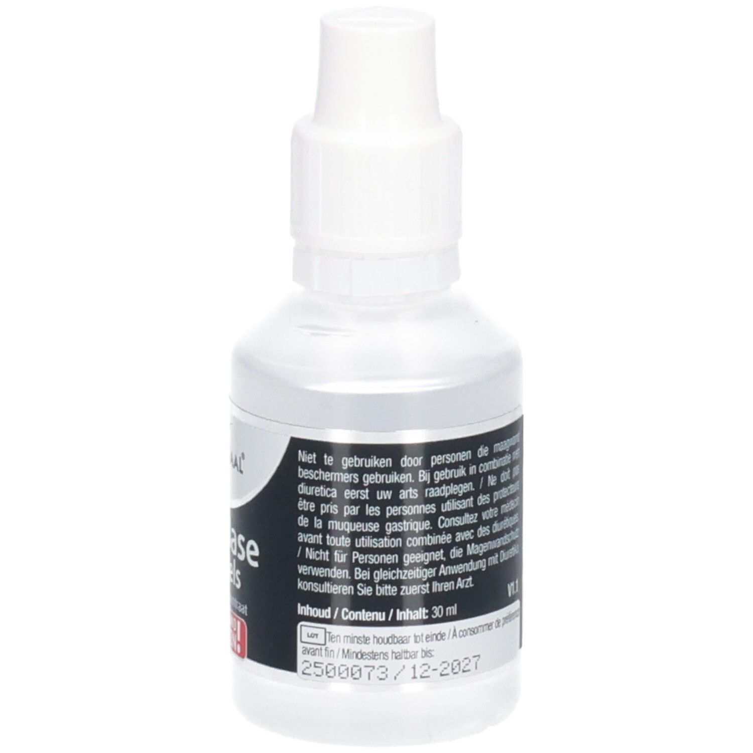 Flacon transparent avec bouchon blanc. Étiquette avec informations produit et date de péremption.