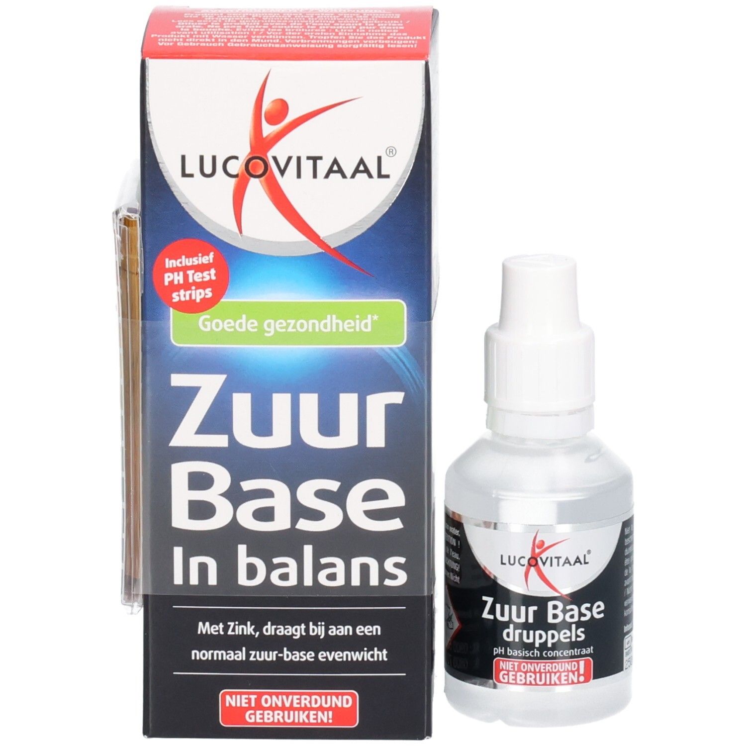 Flacon du produit à côté de l'emballage. Emballage avec logo, nom du produit et bandelettes de test pH.