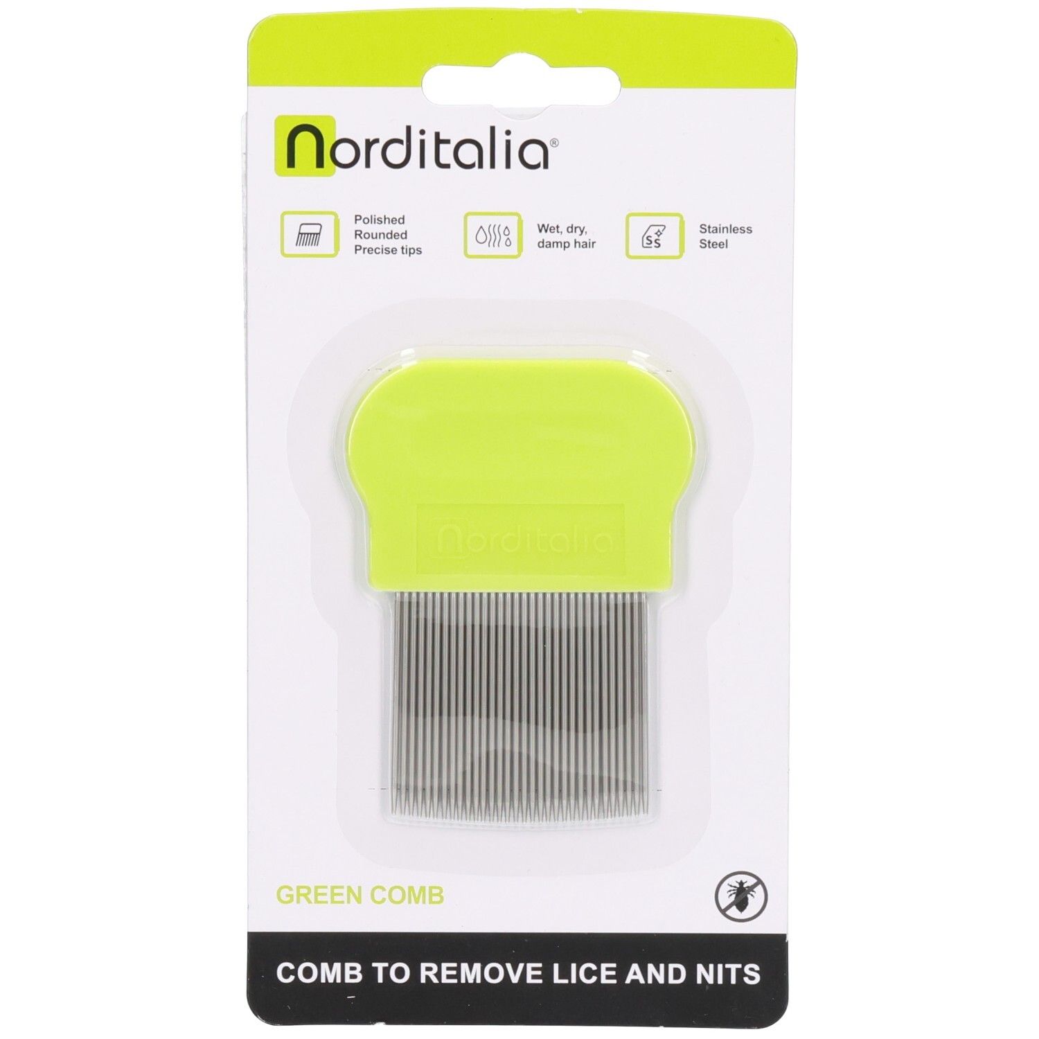 Groene metalen kam in verpakking. Merk Norditalia. Roestvrij staal, afgeronde punten. Tekst: Green Comb, Comb to remove lice and nits.