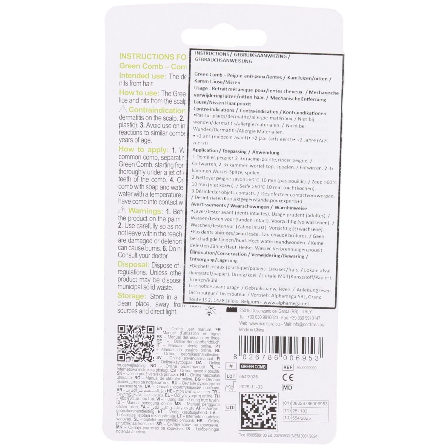 Achterkant van de verpakking. Tekst: Green Comb, gebruiksaanwijzing, toepassing, ingrediënten, fabrikantinfo, batchnummer, barcode.