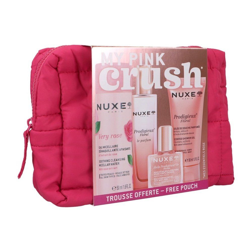 Achterkant van de Nuxe My Pink Crush cosmeticaset met productinformatie en keurmerken.