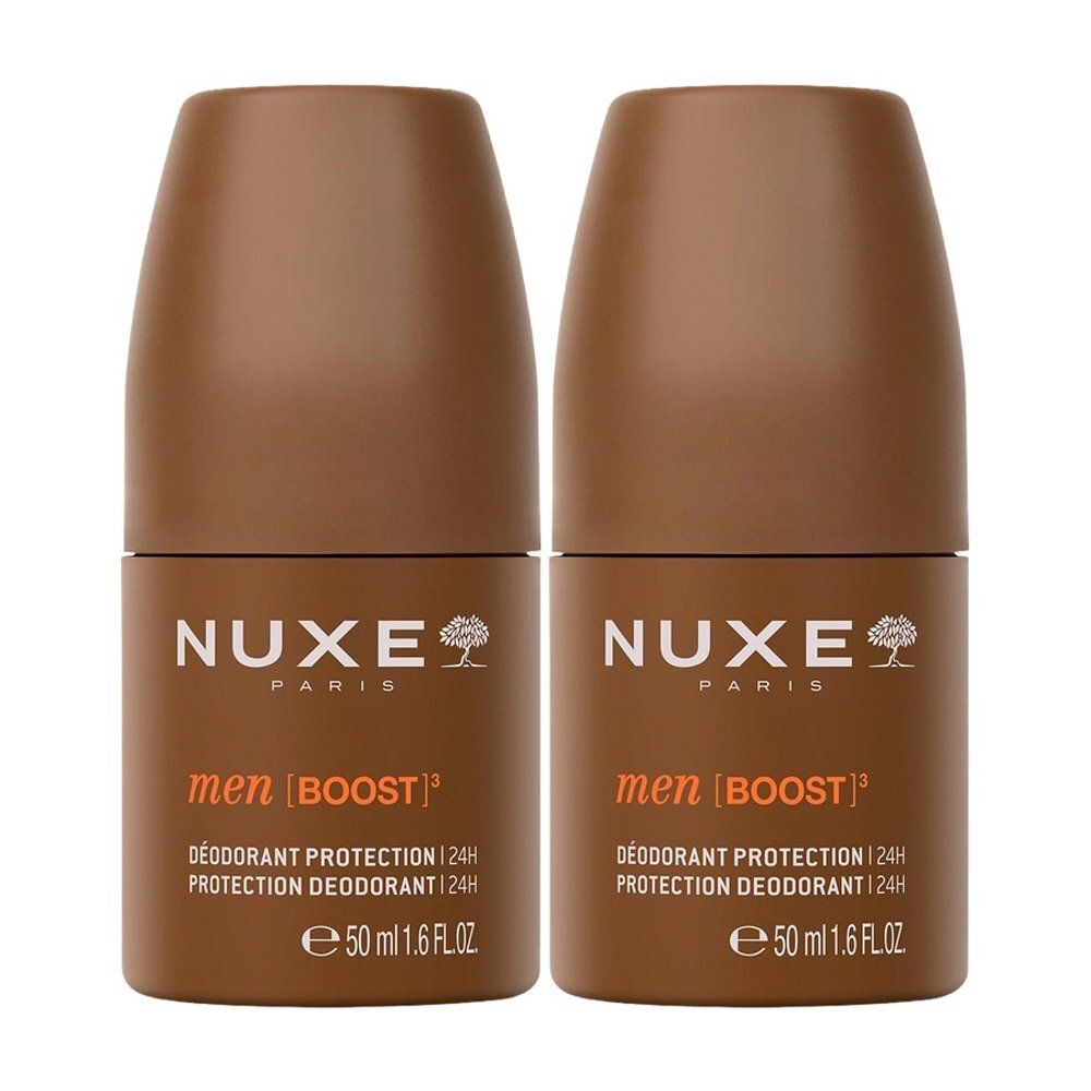 Deux déodorants roll-on Nuxe Men Boost, 50ml chacun, avec mention 'Protection 24H'.