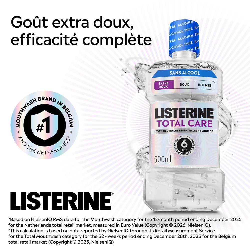 Bain de bouche Listerine Total Care, 500ml, sans alcool, formule 6-en-1.