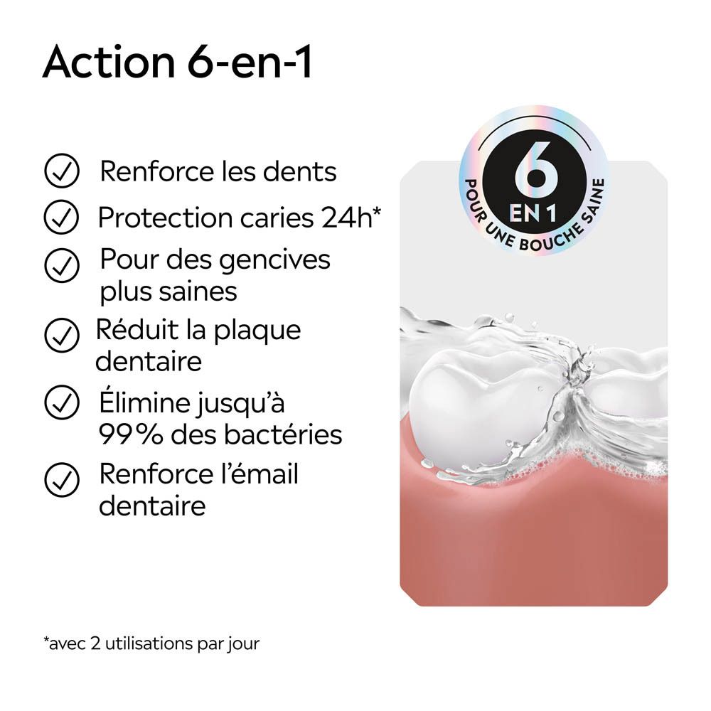 Bain de bouche Listerine Total Care Extra Doux : action 6-en-1 pour une bouche saine.
