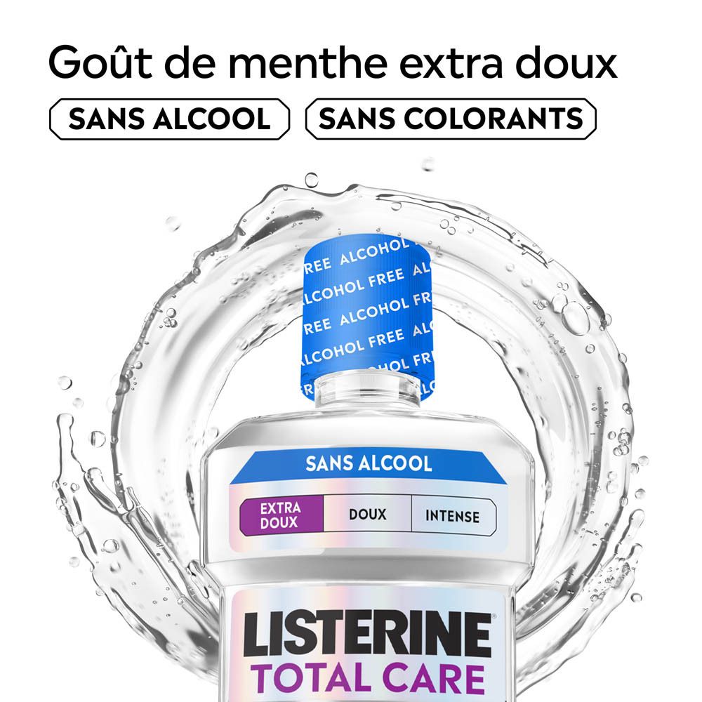 Bain de bouche Listerine Total Care Extra Doux : goût menthe extra doux, sans alcool.