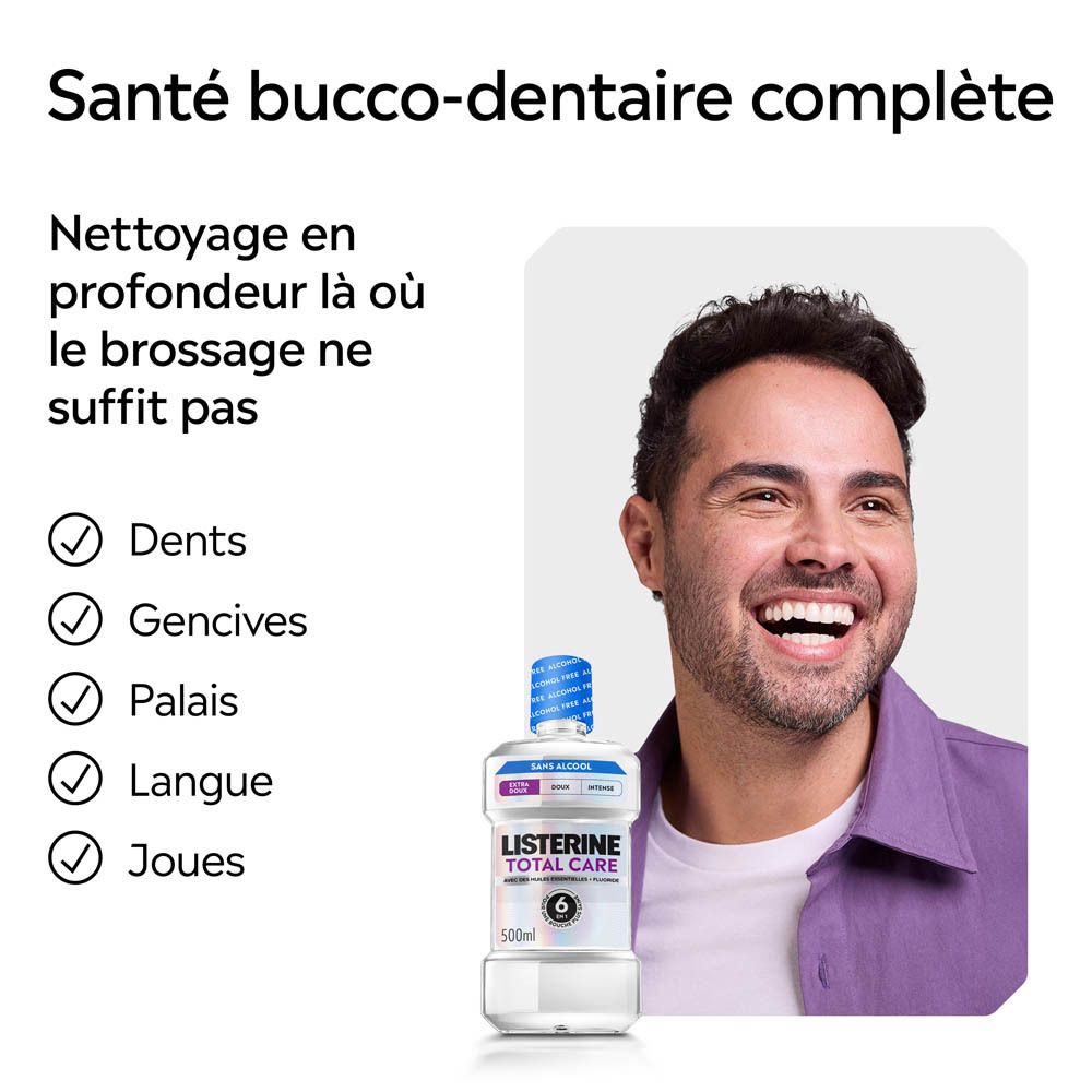 Bain de bouche Listerine Total Care Extra Doux : santé bucco-dentaire complète, nettoie où la brosse ne va pas.